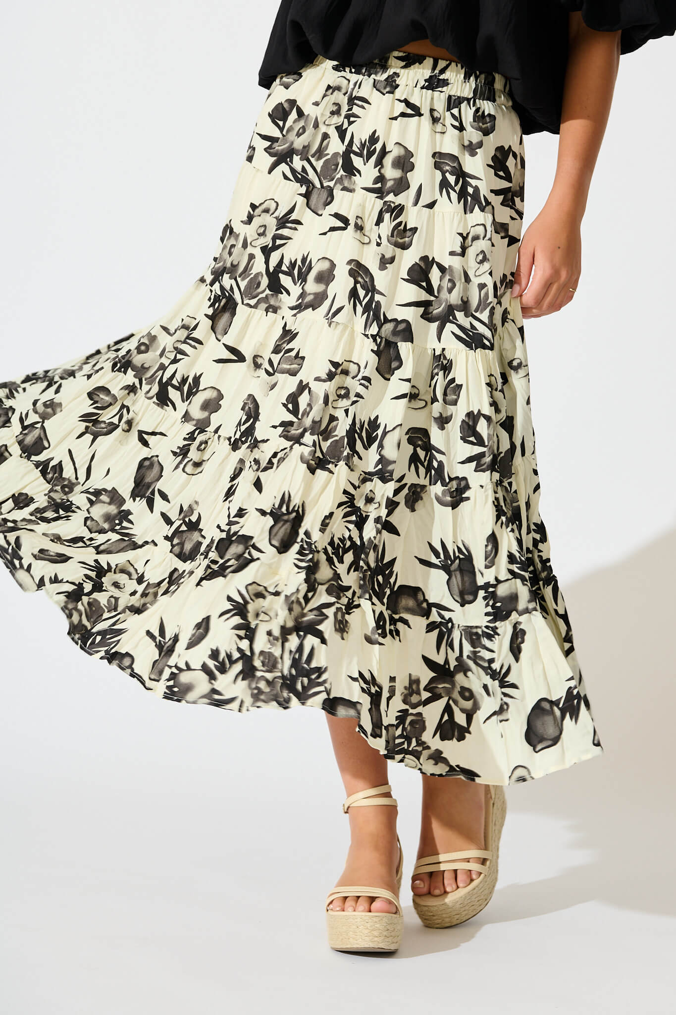 Tinisie Midi Skirt in Cream with Black Floral Chiffon
