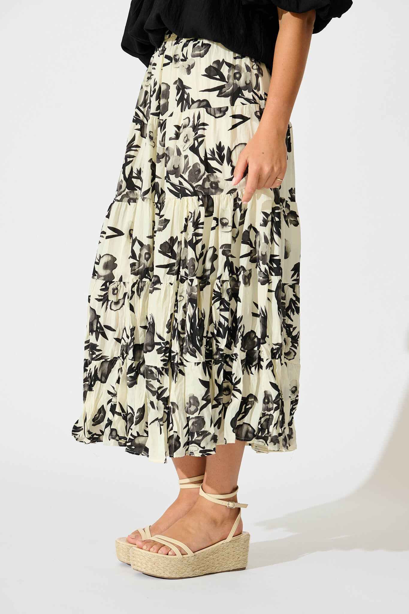 Tinisie Midi Skirt in Cream with Black Floral Chiffon