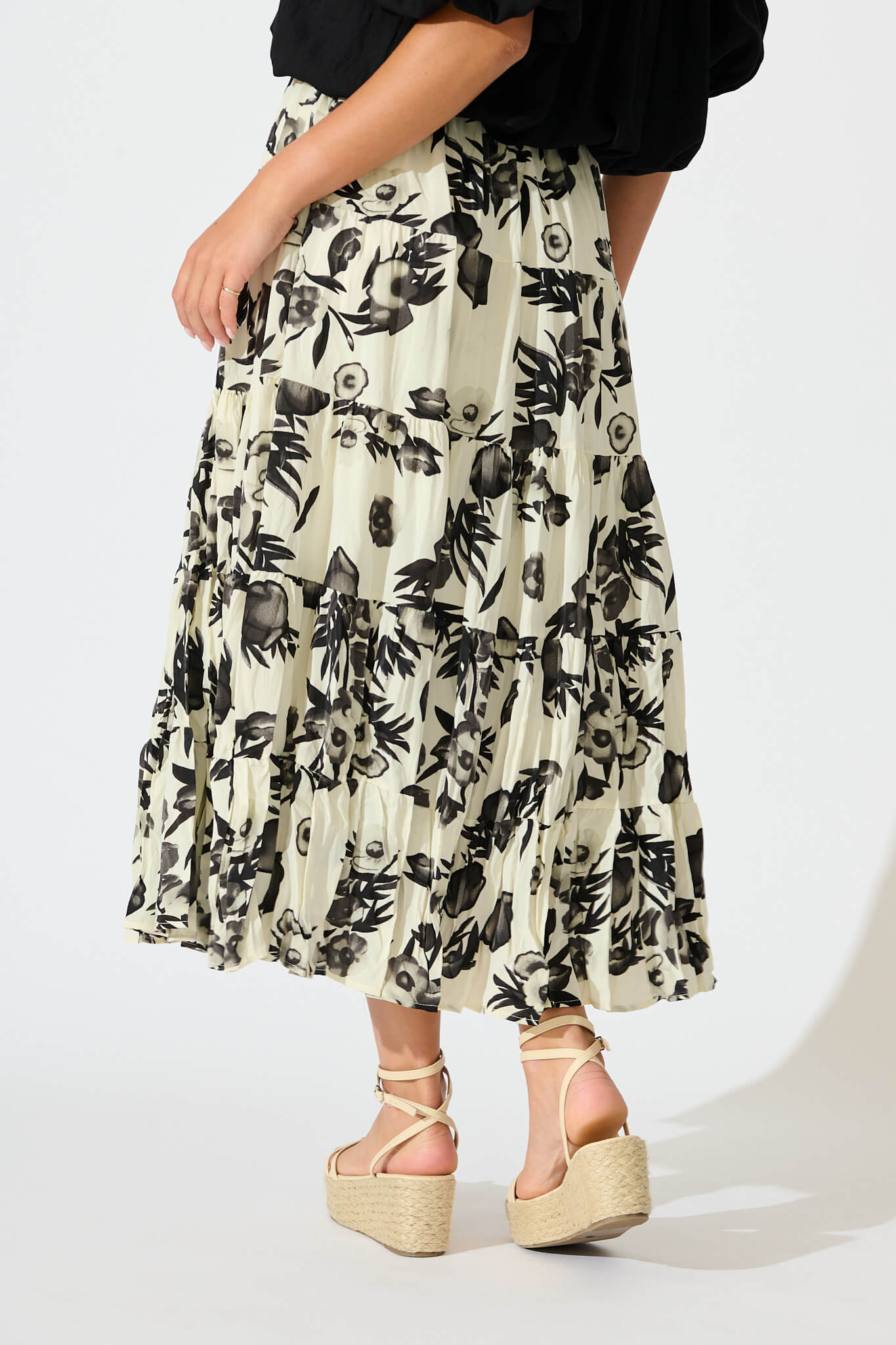 Tinisie Midi Skirt in Cream with Black Floral Chiffon