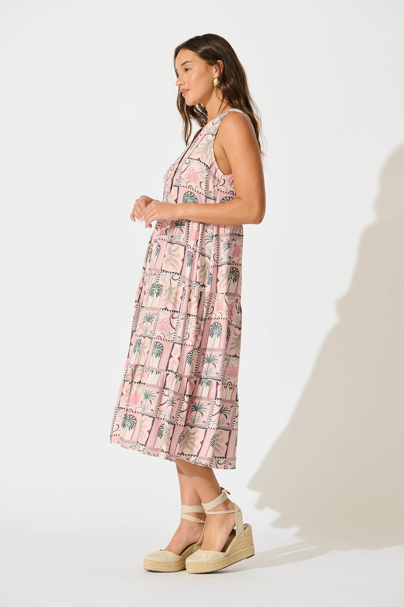 Verdona Midi Smock Dress in Blush Patchwork Palm Print