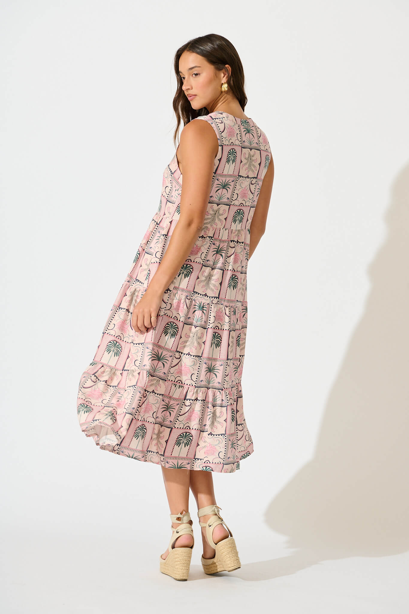 Verdona Midi Smock Dress in Blush Patchwork Palm Print