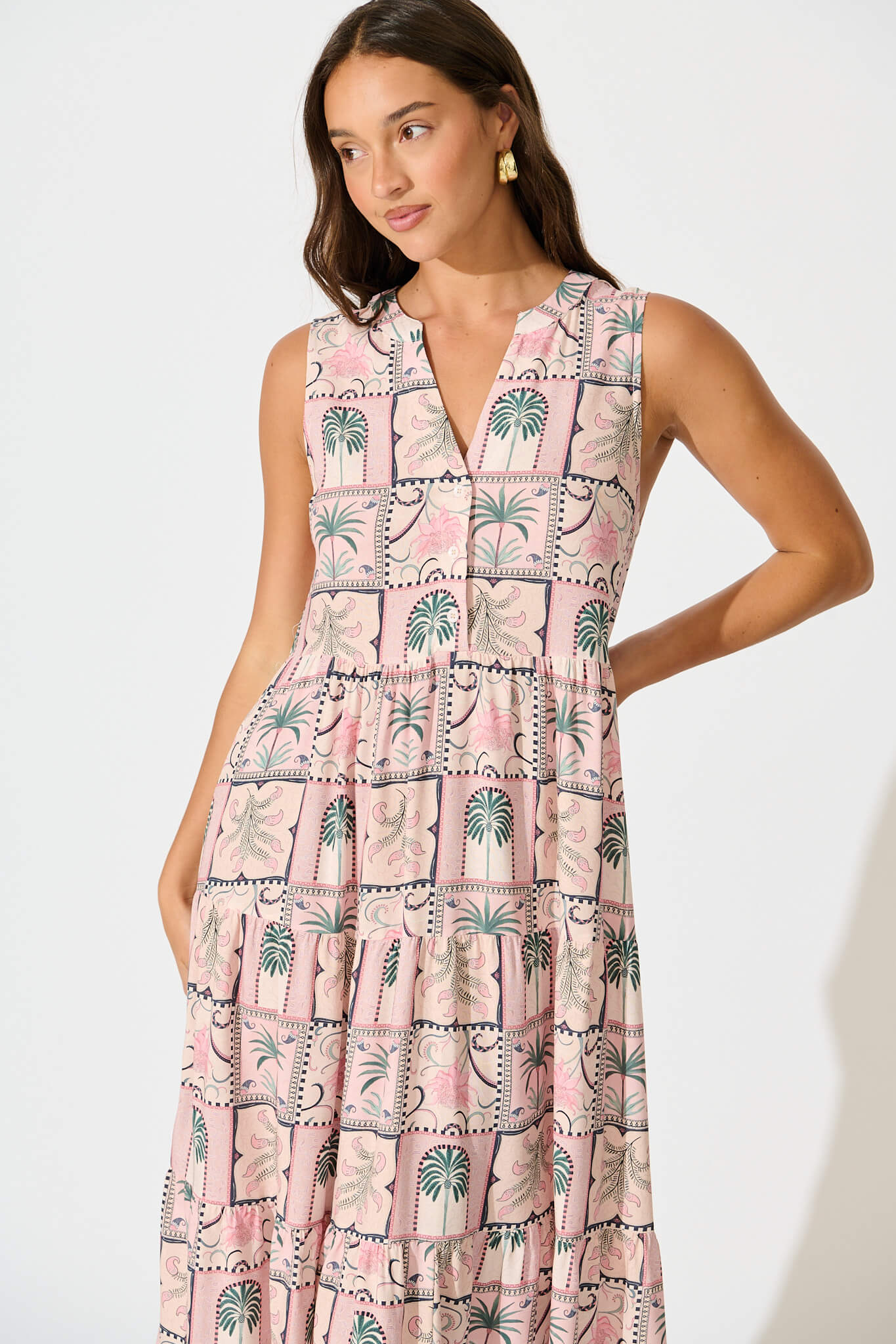 Verdona Midi Smock Dress in Blush Patchwork Palm Print