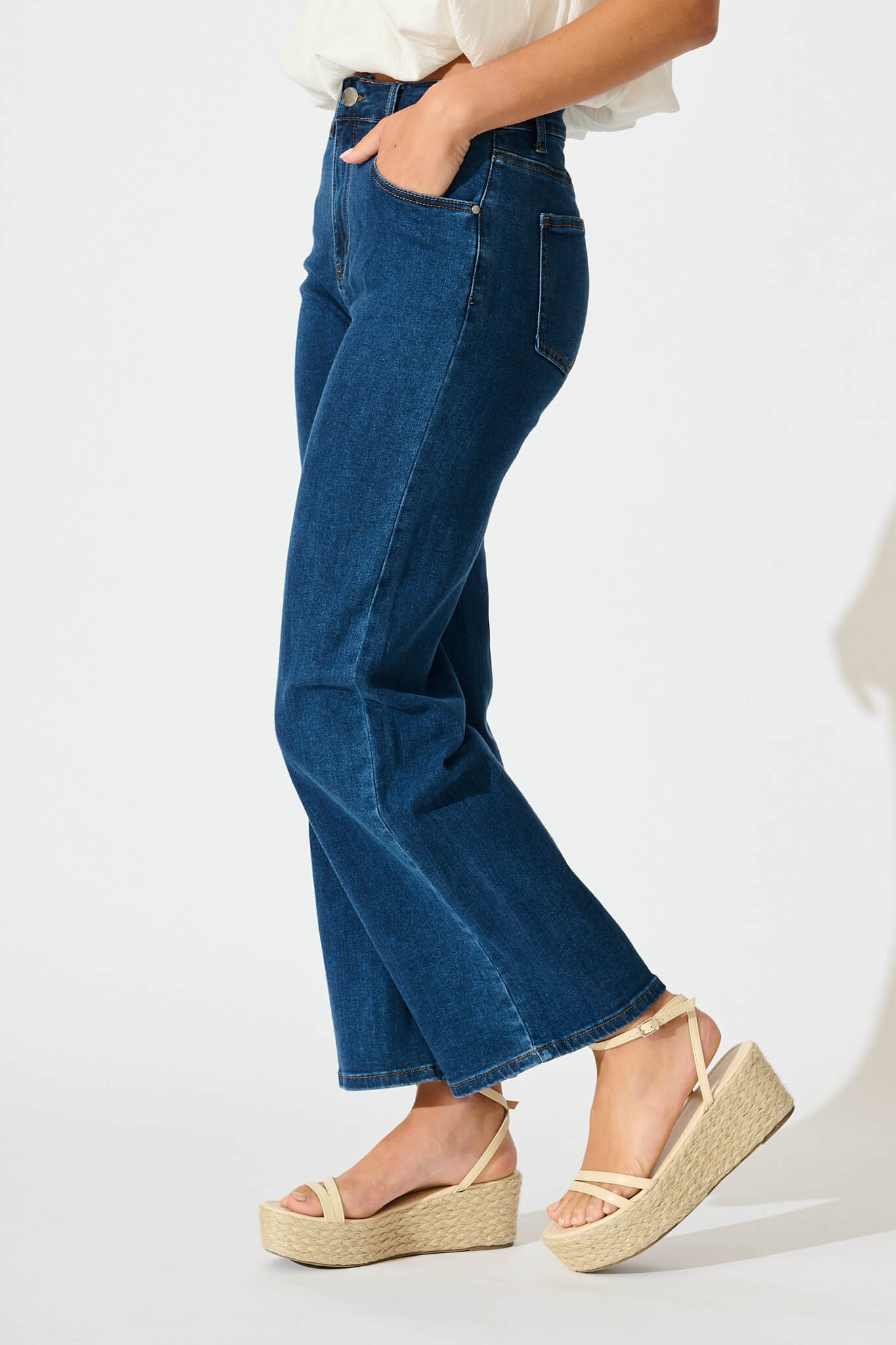 Ocean Road High Rise Wide Leg Jean in Dark Blue Denim