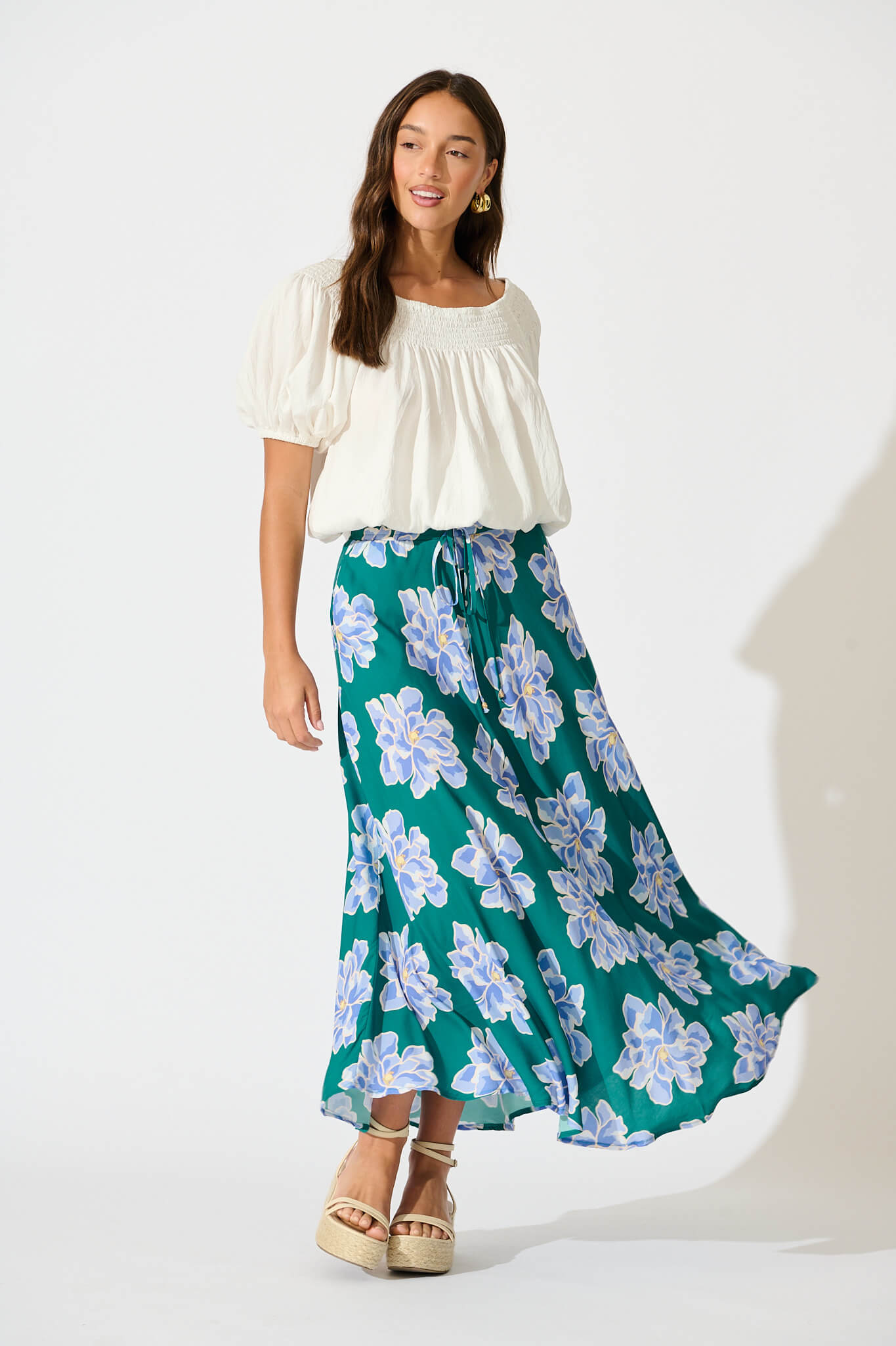 Farrell Maxi Skirt In Emerald With Blue Floral