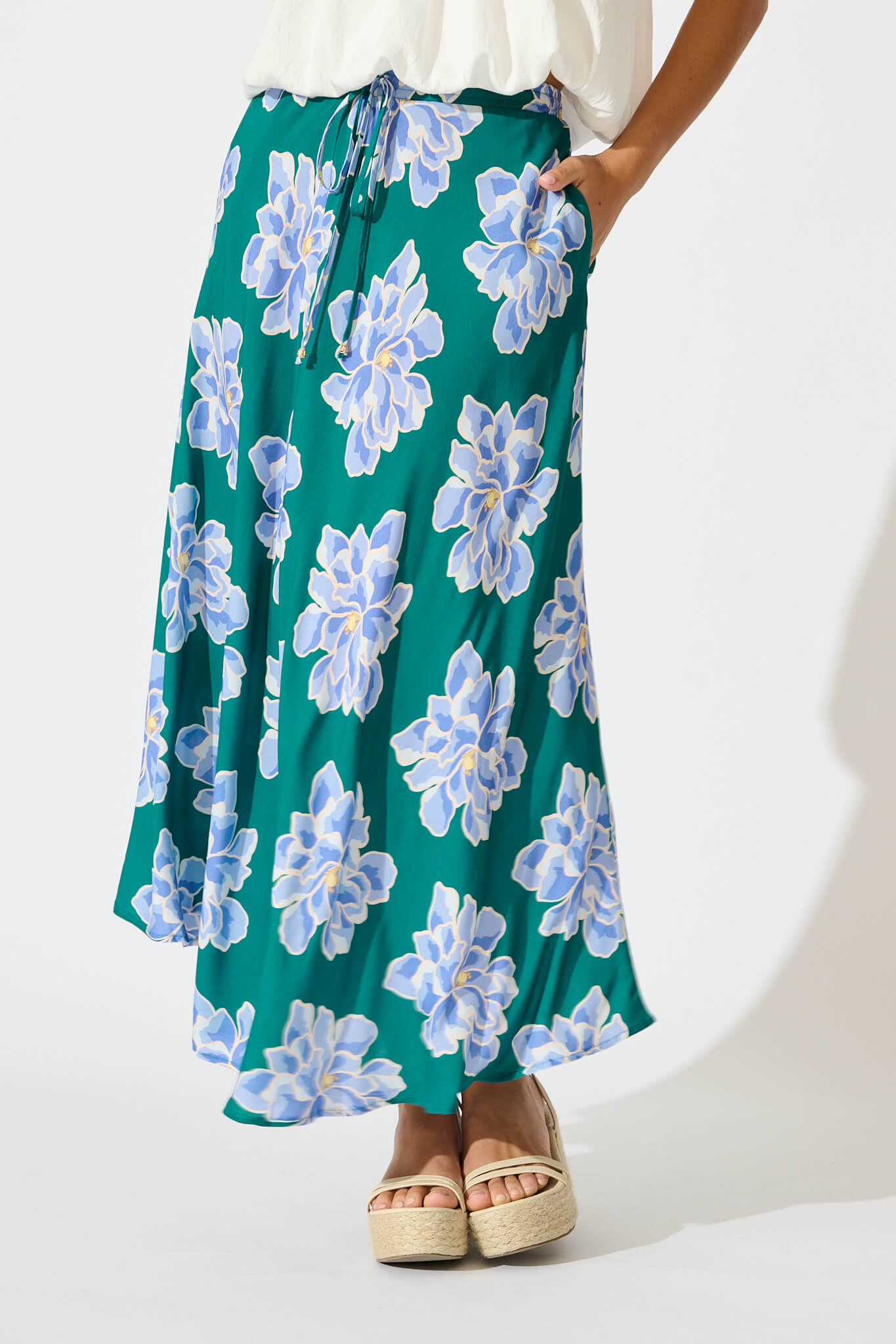 Farrell Maxi Skirt In Emerald With Blue Floral