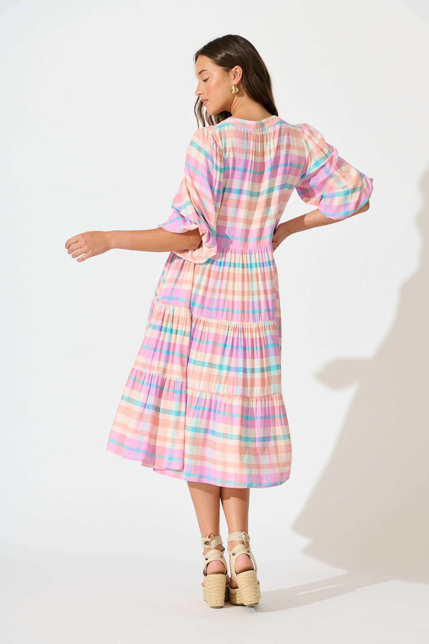 Kehlana Tiered Smock Dress In Pink Check