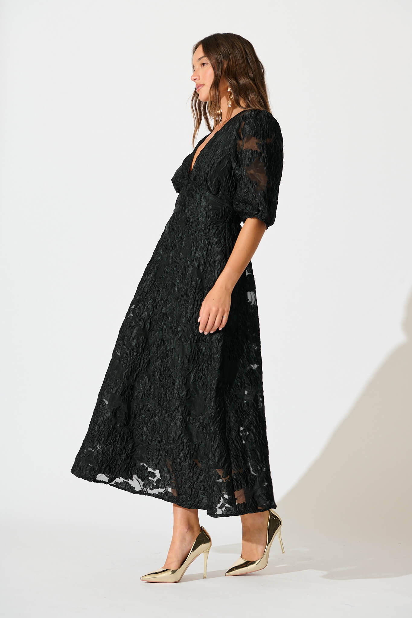 Opulence Midi Dress In Black Floral Organza Jacquard