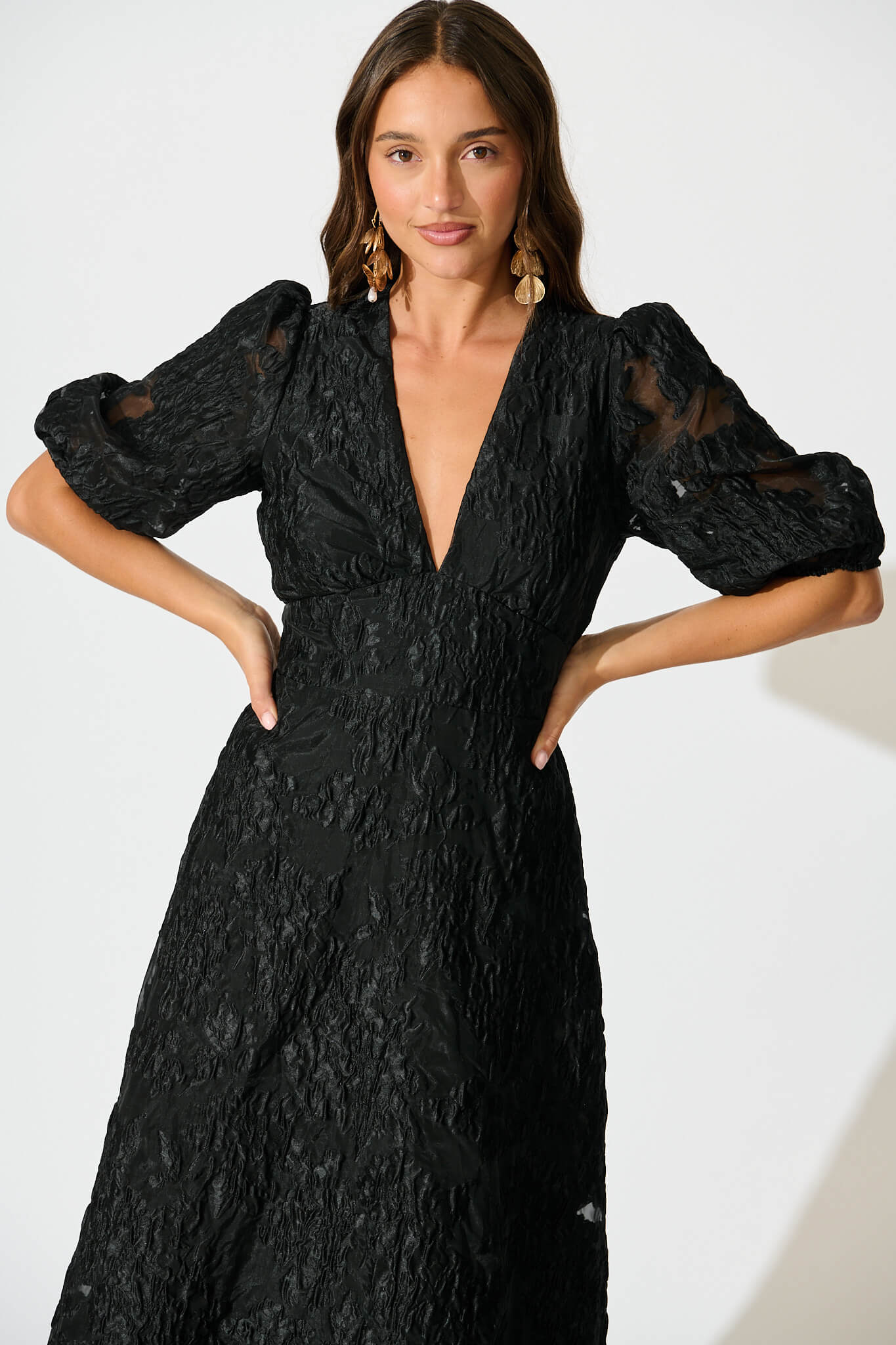 Opulence Midi Dress In Black Floral Organza Jacquard