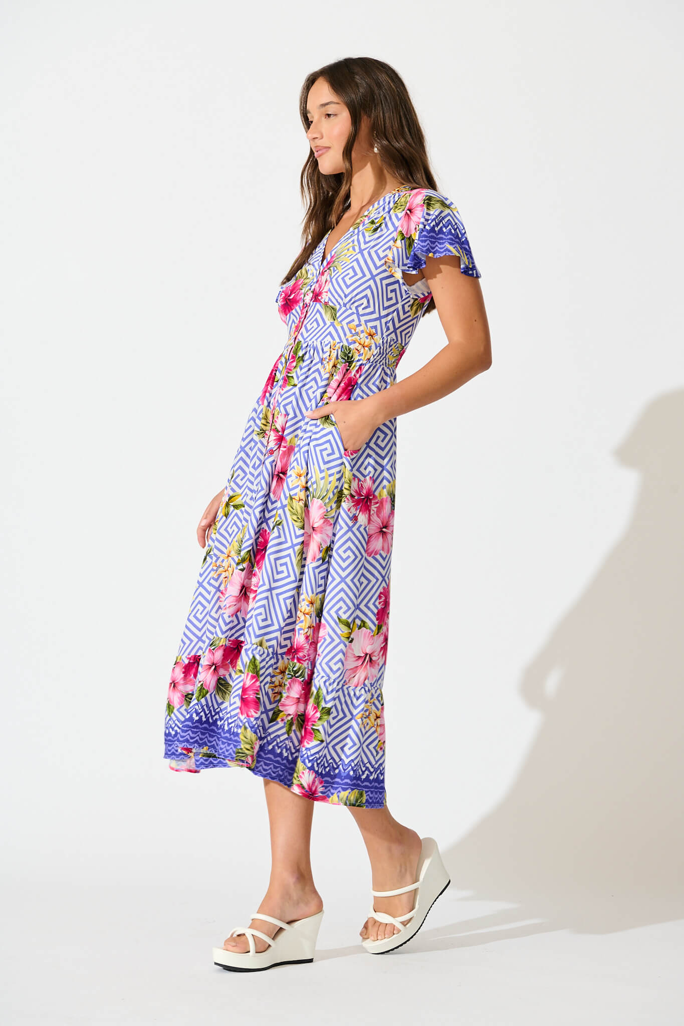Alaria Midi Dress in Blue with Multi Floral Print