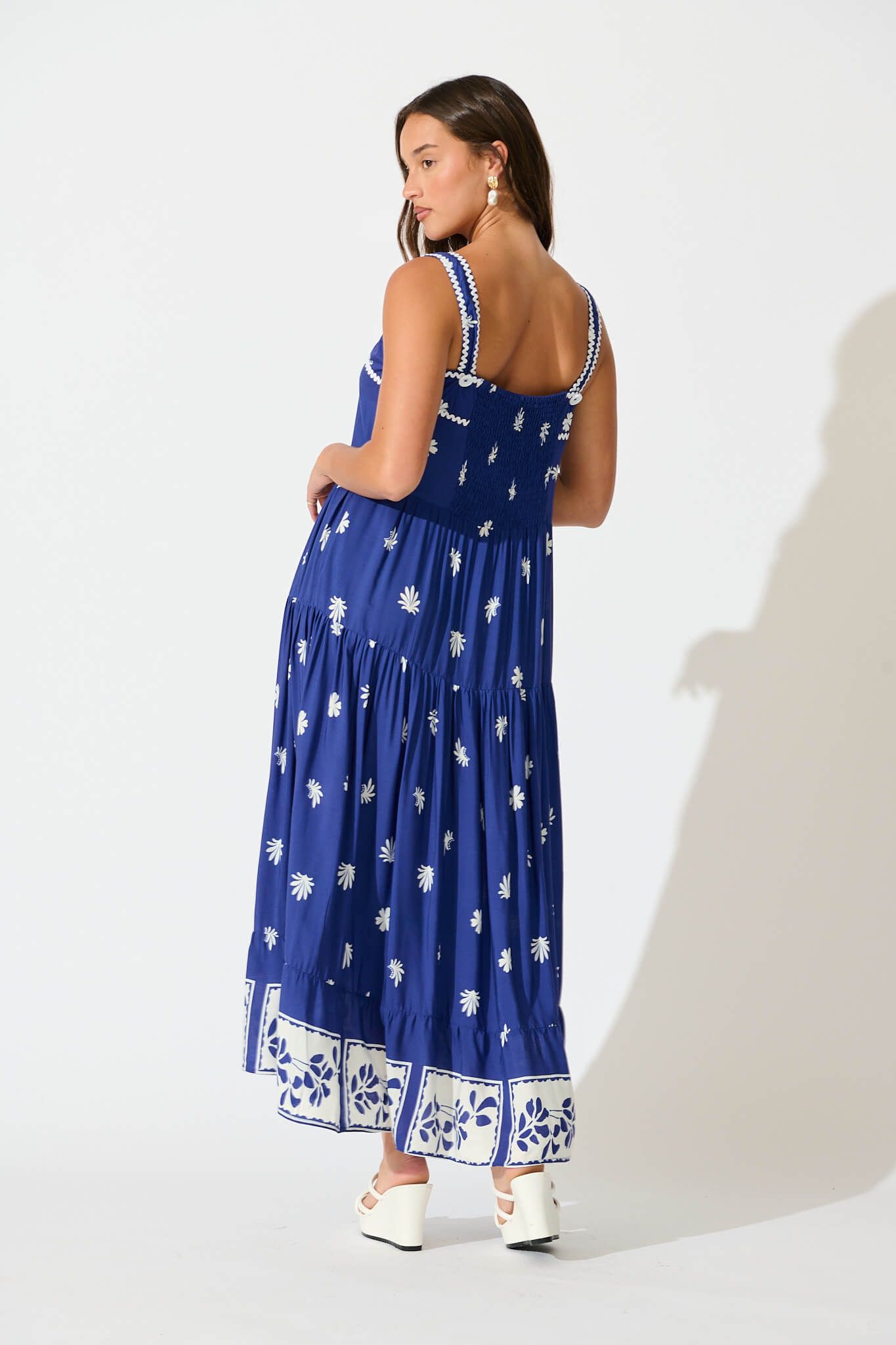Adler Maxi Sundress in Blue with White Border Print Ric Rac