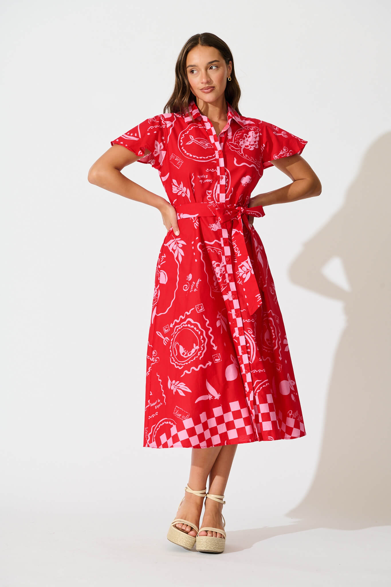 Yazmin Midi Shirt Dress in Red with Pink Border Cotton