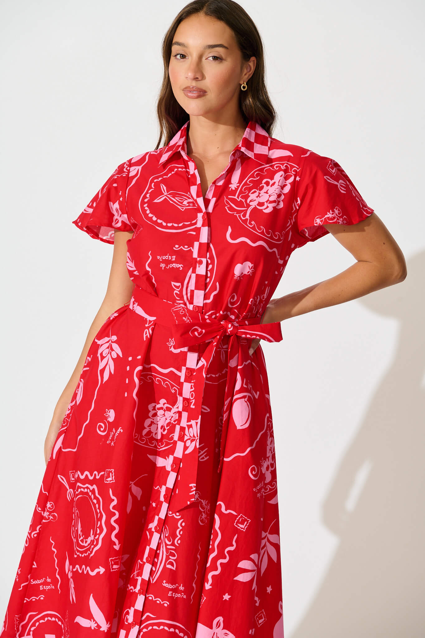Yazmin Midi Shirt Dress in Red with Pink Border Cotton
