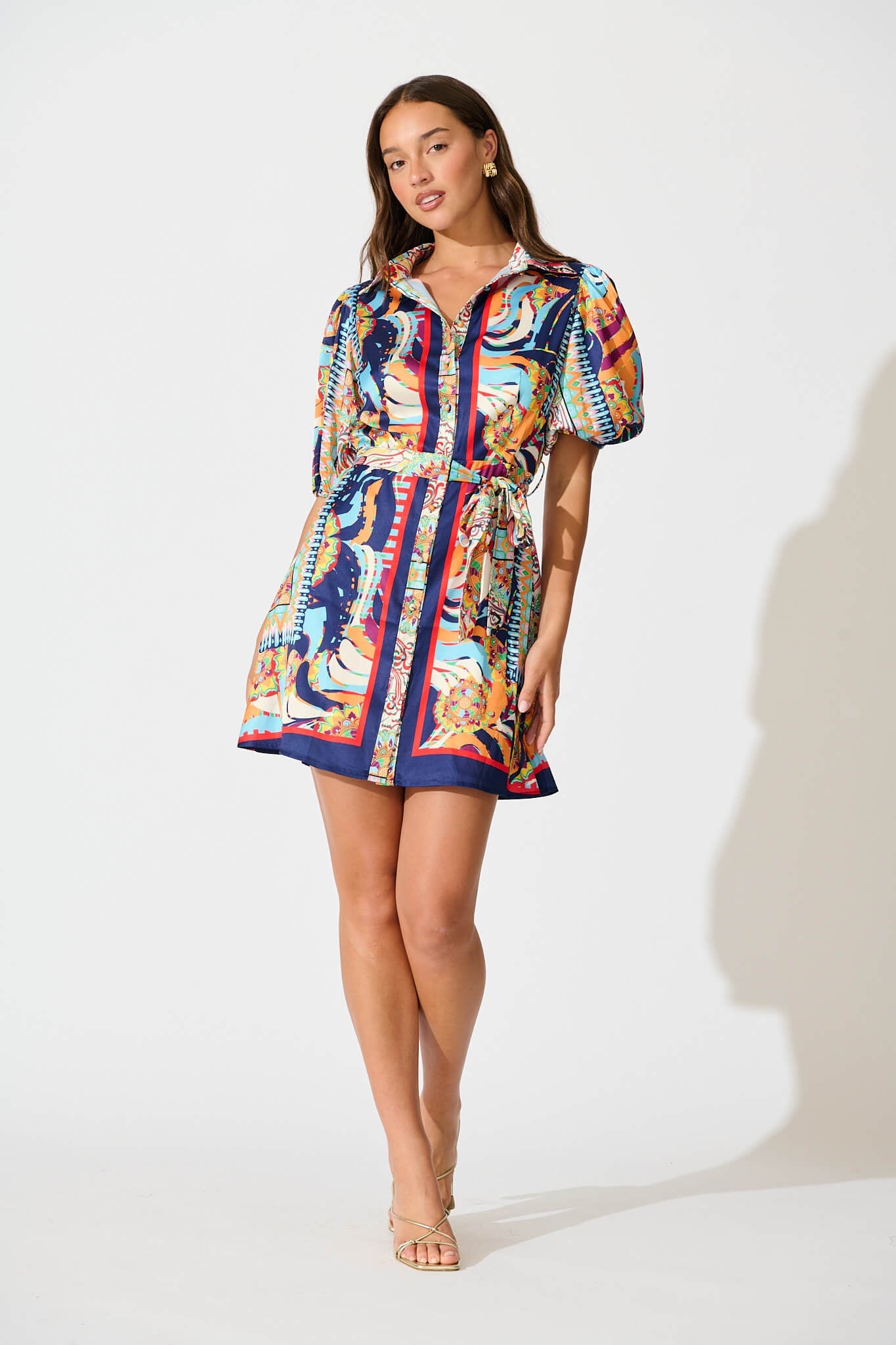 Gabrielino Shirt Dress In Navy Multi Print Satin