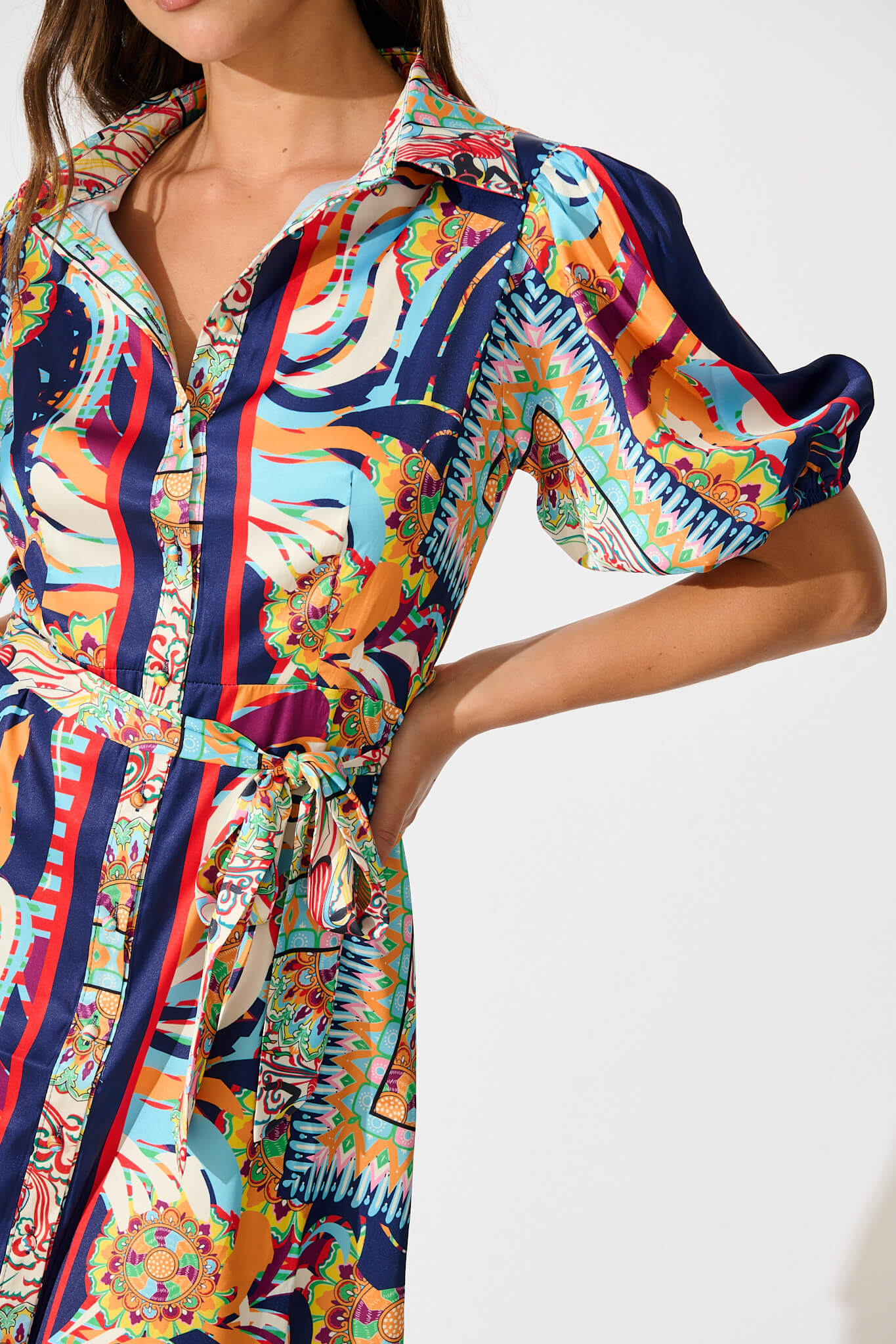 Gabrielino Shirt Dress In Navy Multi Print Satin