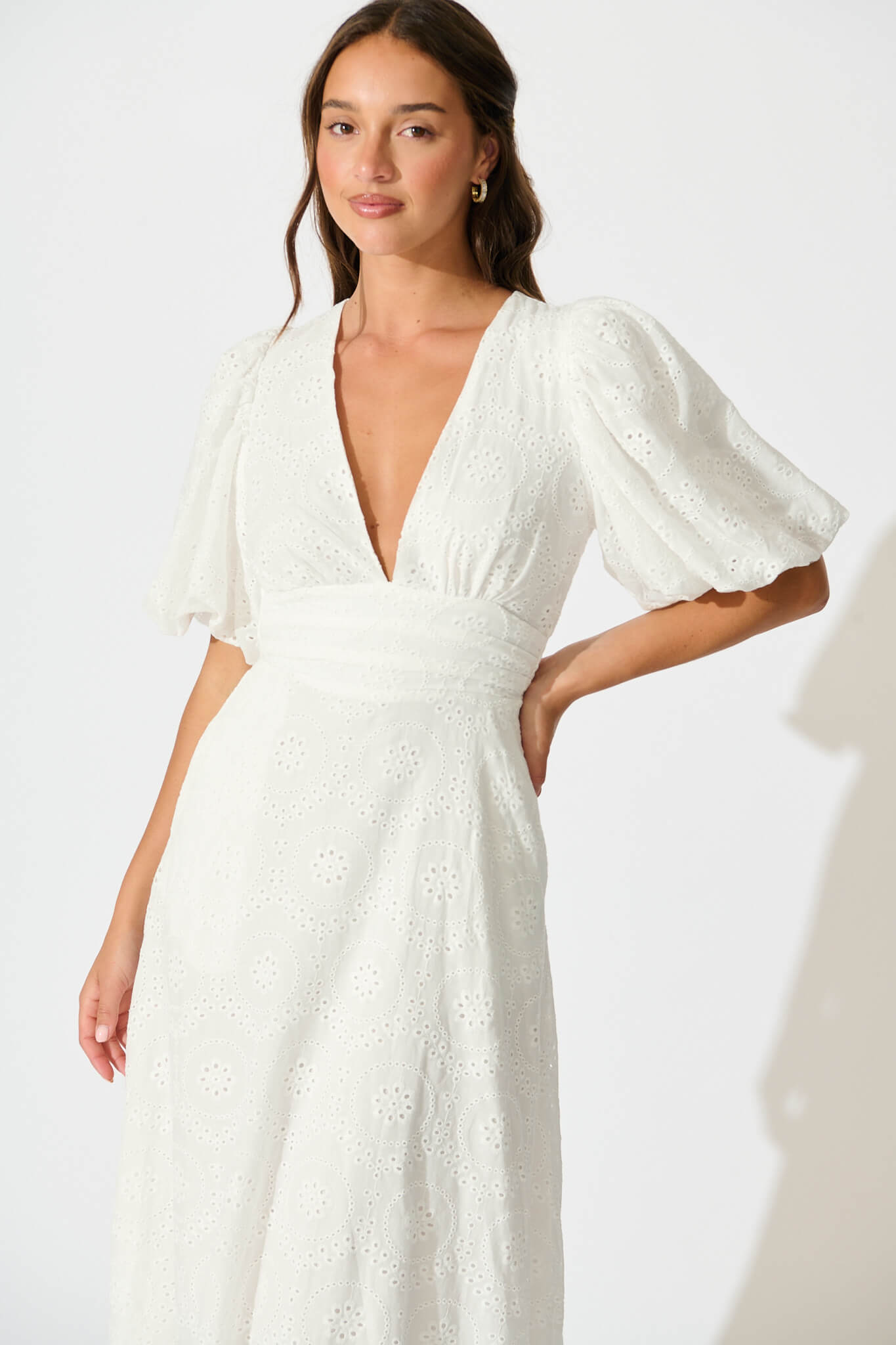 Duchess Maxi Dress In White Broderie Cotton