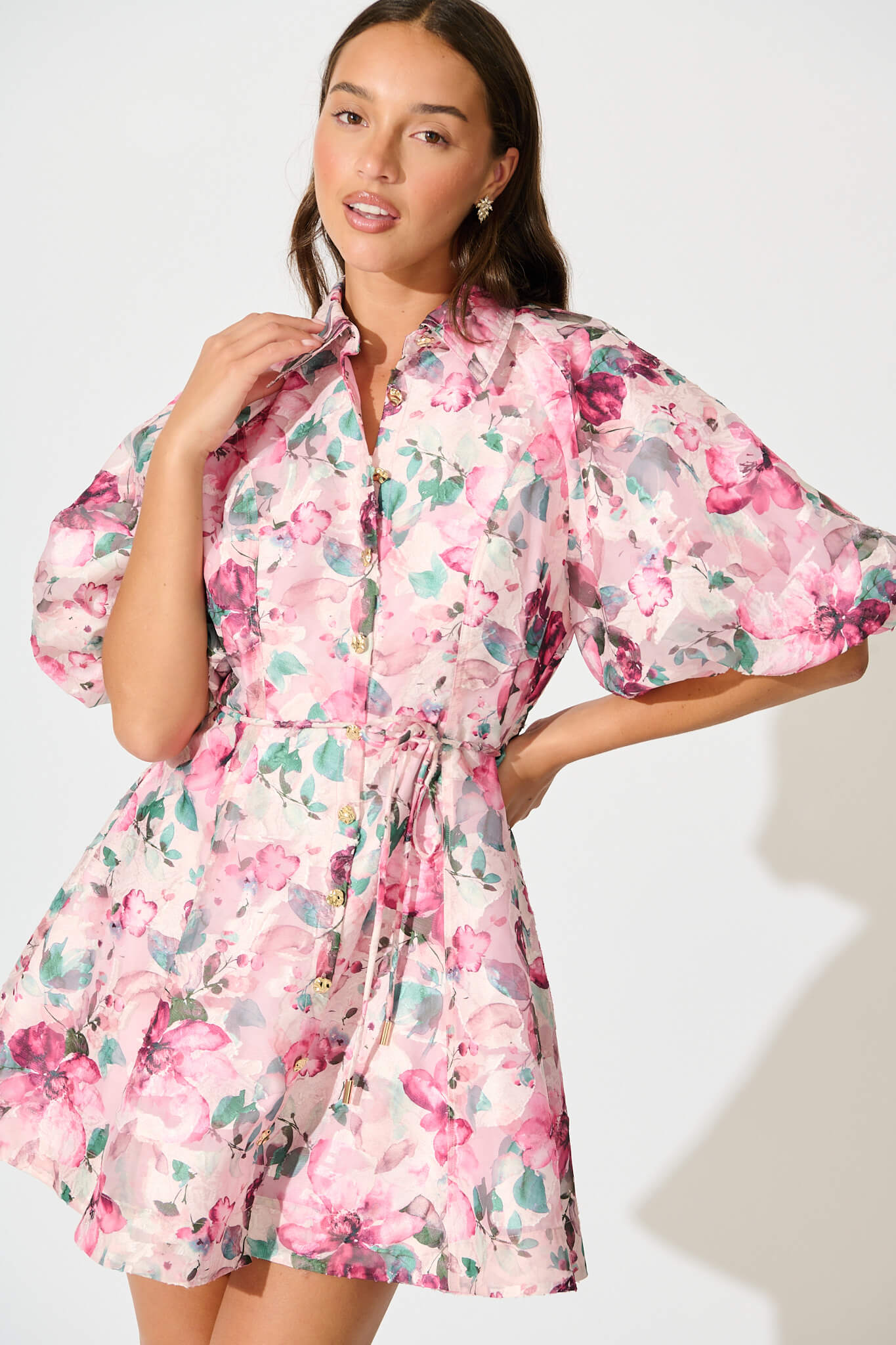 Admirer Shirt Dress in Multi Pink Floral Organza