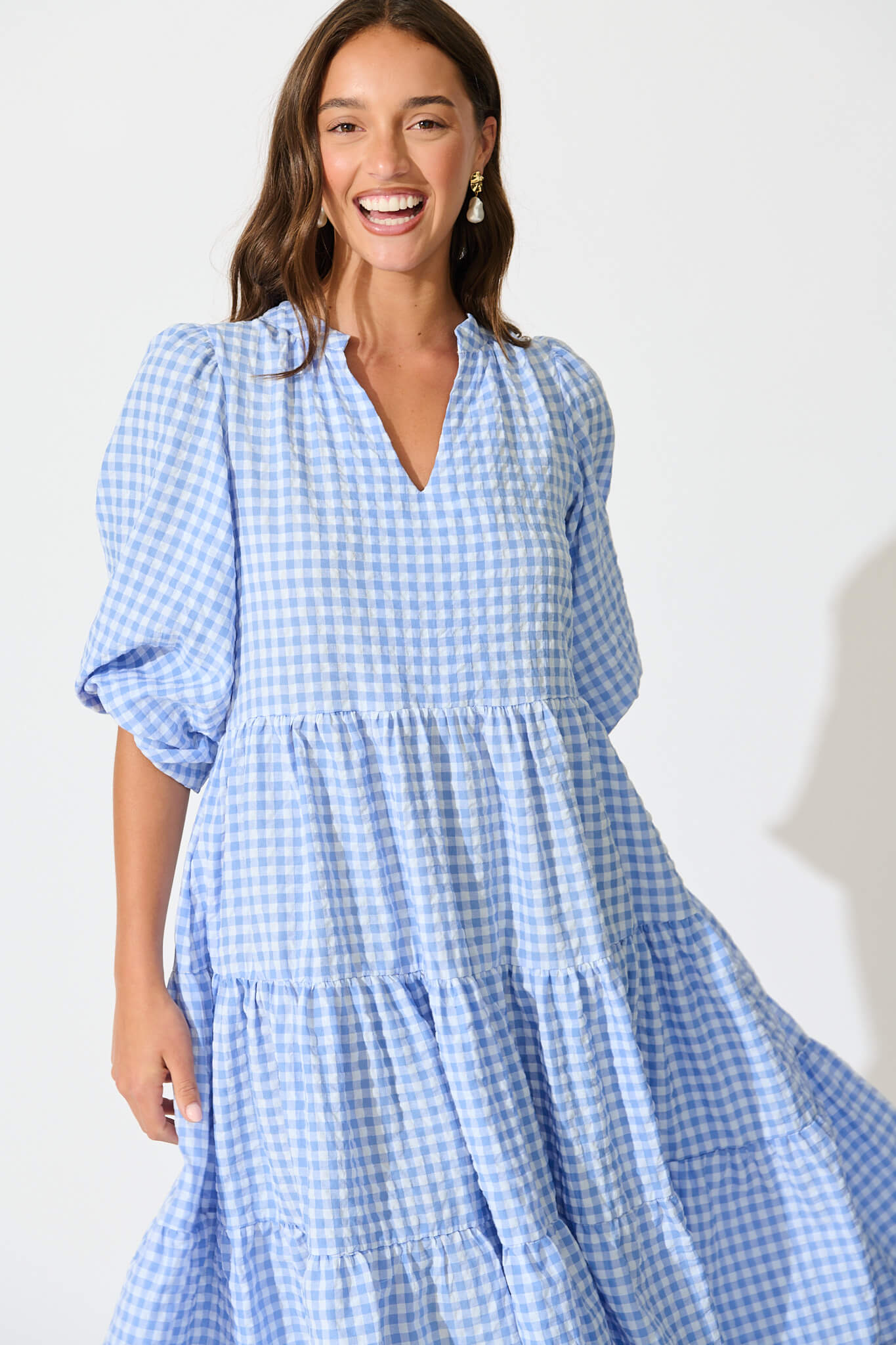Kehlana Tiered Smock Dress In Cornflower Blue Gingham Cotton