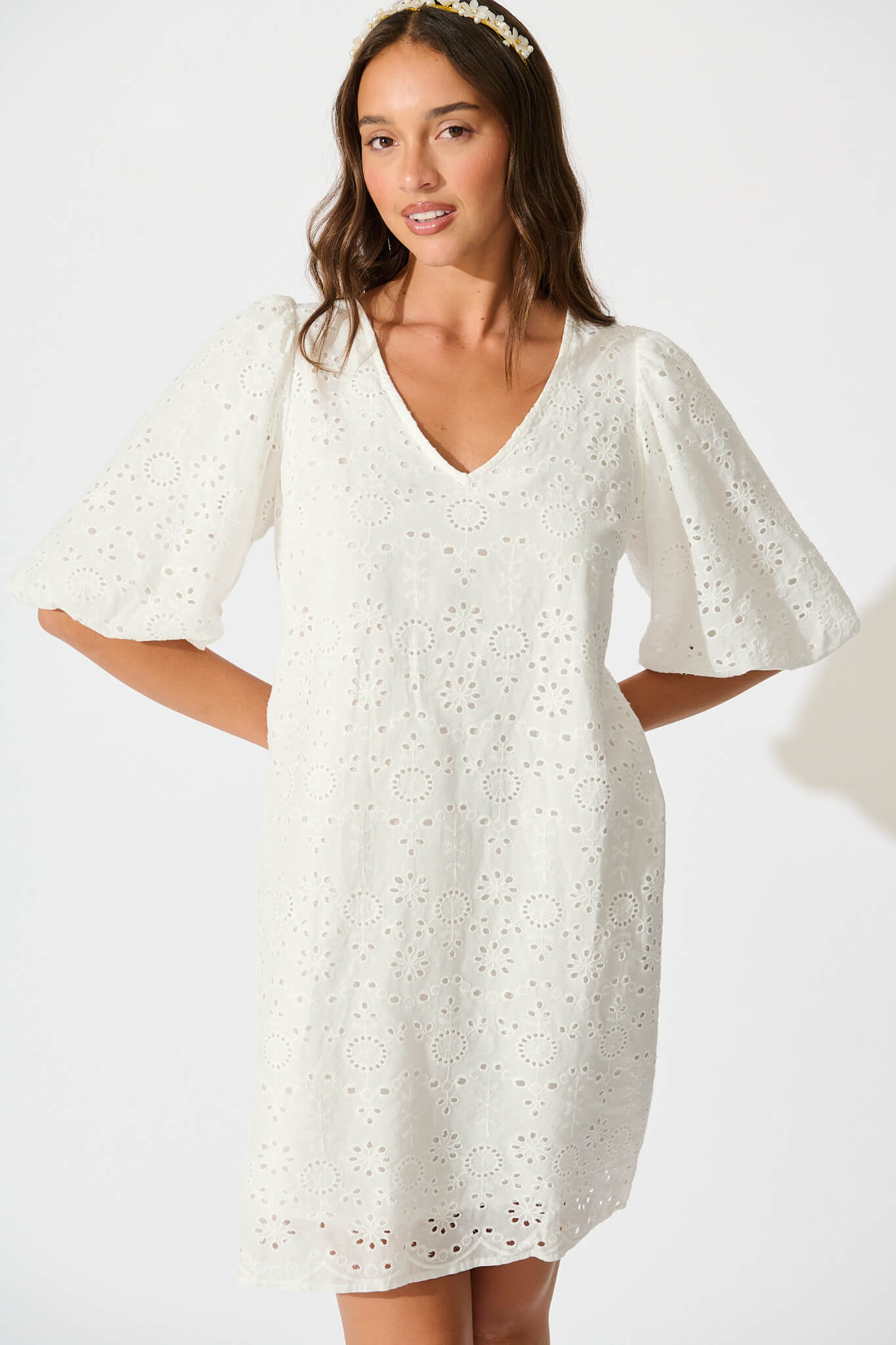 Ashlynn Dress in White Broderie Cotton