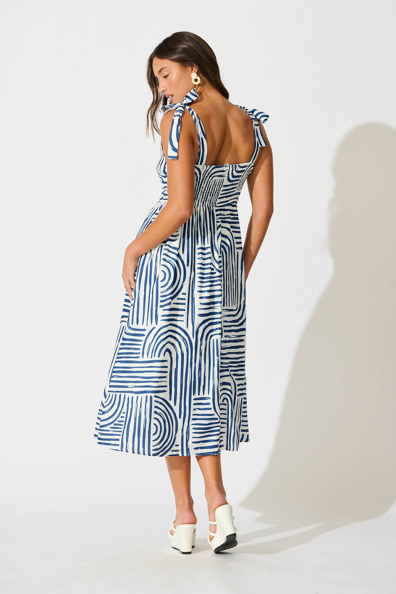 Asha Midi Sundress In Navy Swirl Print Linen Blend