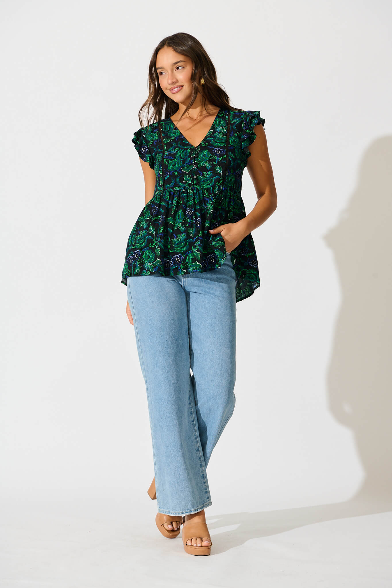 Maila Top In Emerald with Green and Blue Floral