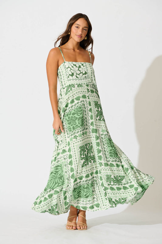 Camryn Maxi Sundress In Cream and Green Tile Print