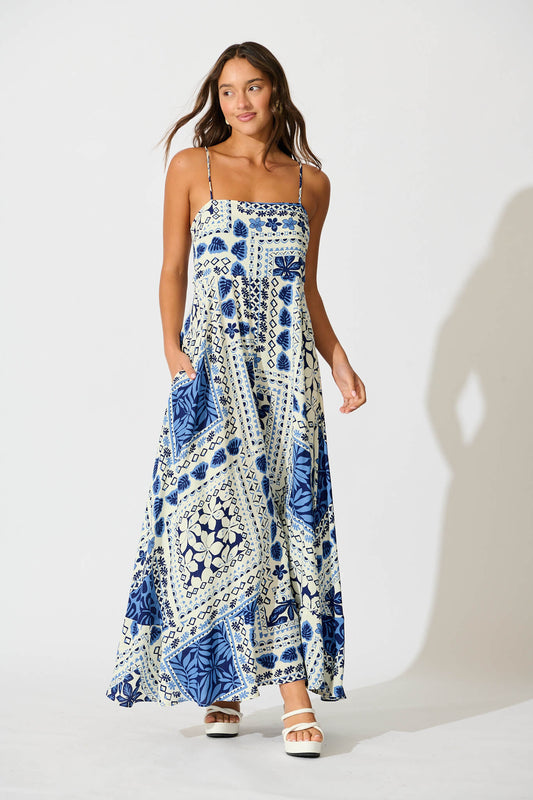 Camryn Maxi Sundress In Cream and Navy Tile Print
