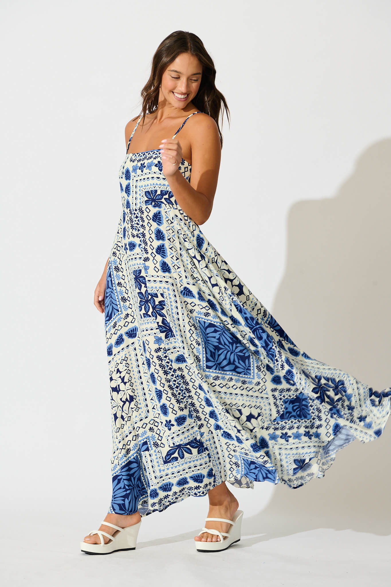 Camryn Maxi Sundress In Cream and Navy Tile Print