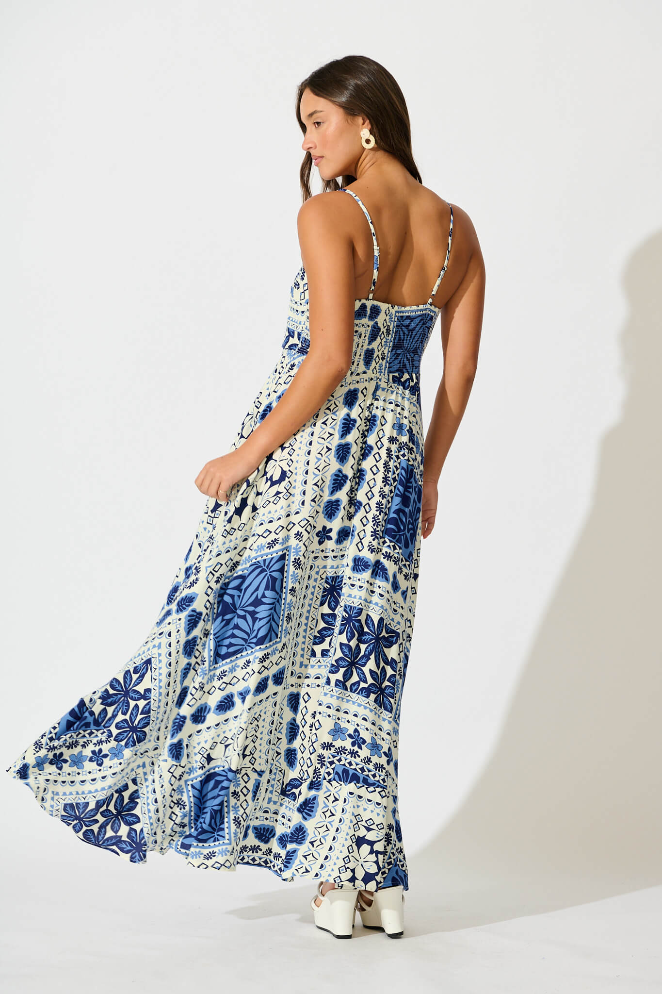 Camryn Maxi Sundress In Cream and Navy Tile Print