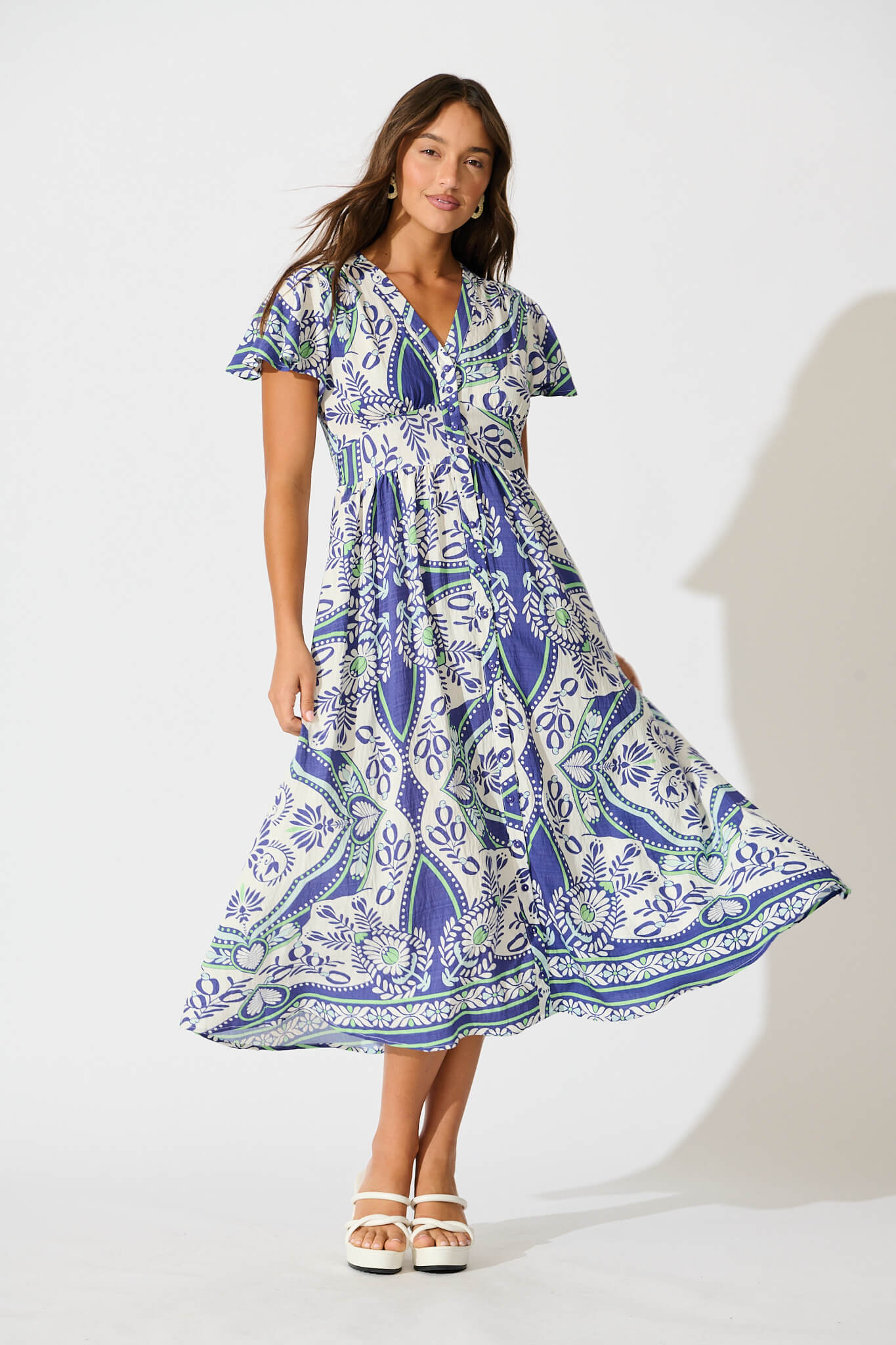 Alaria Midi Dress in White and Blue Print