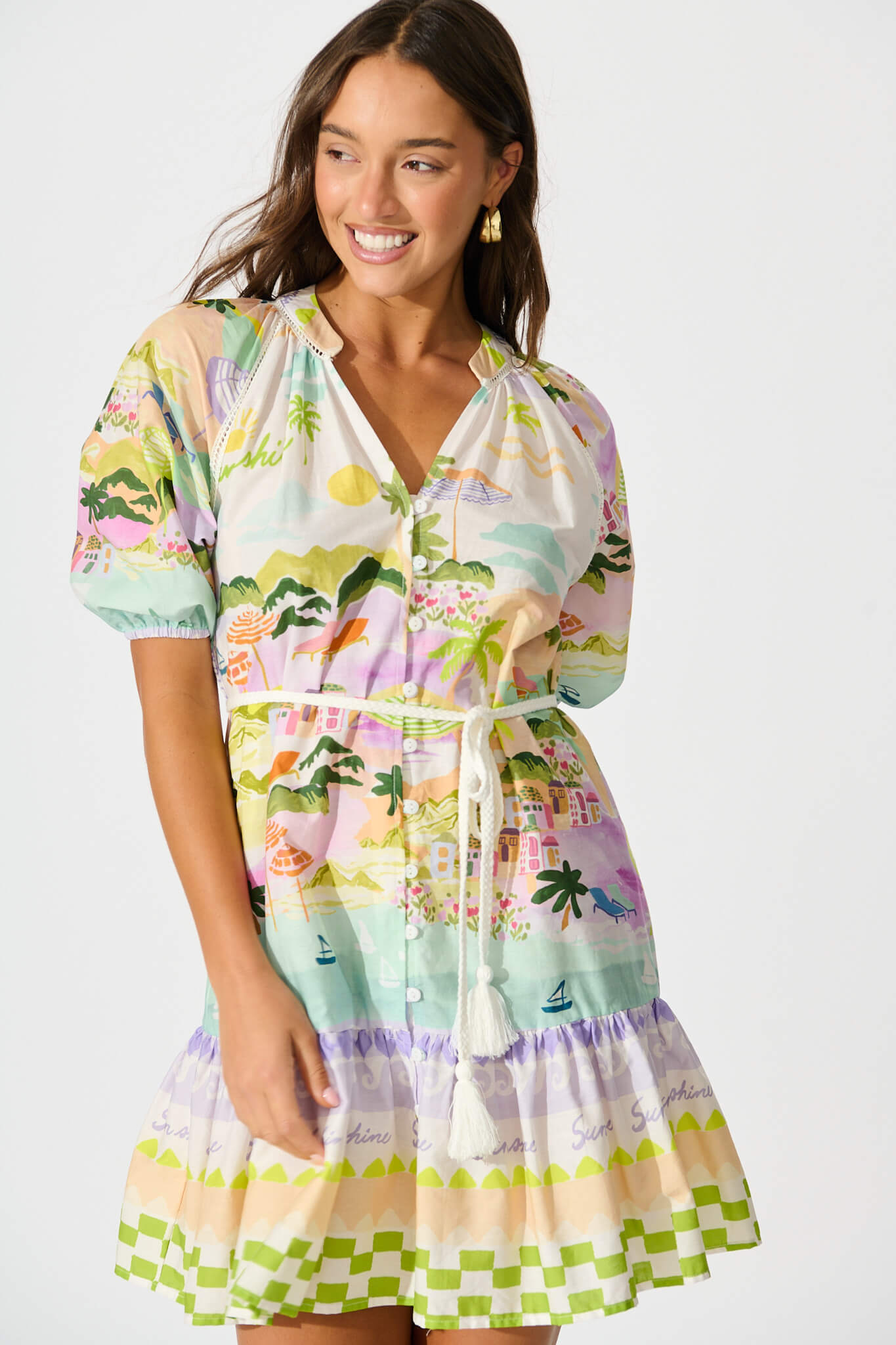Theresa Smock Dress in Tropical Border Print Cotton