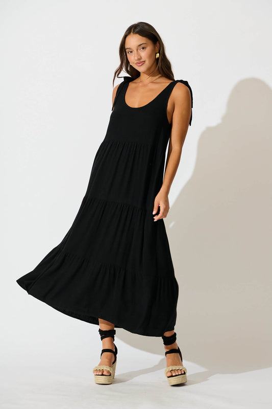 Estefani Maxi Sundress in Black Linen Blend