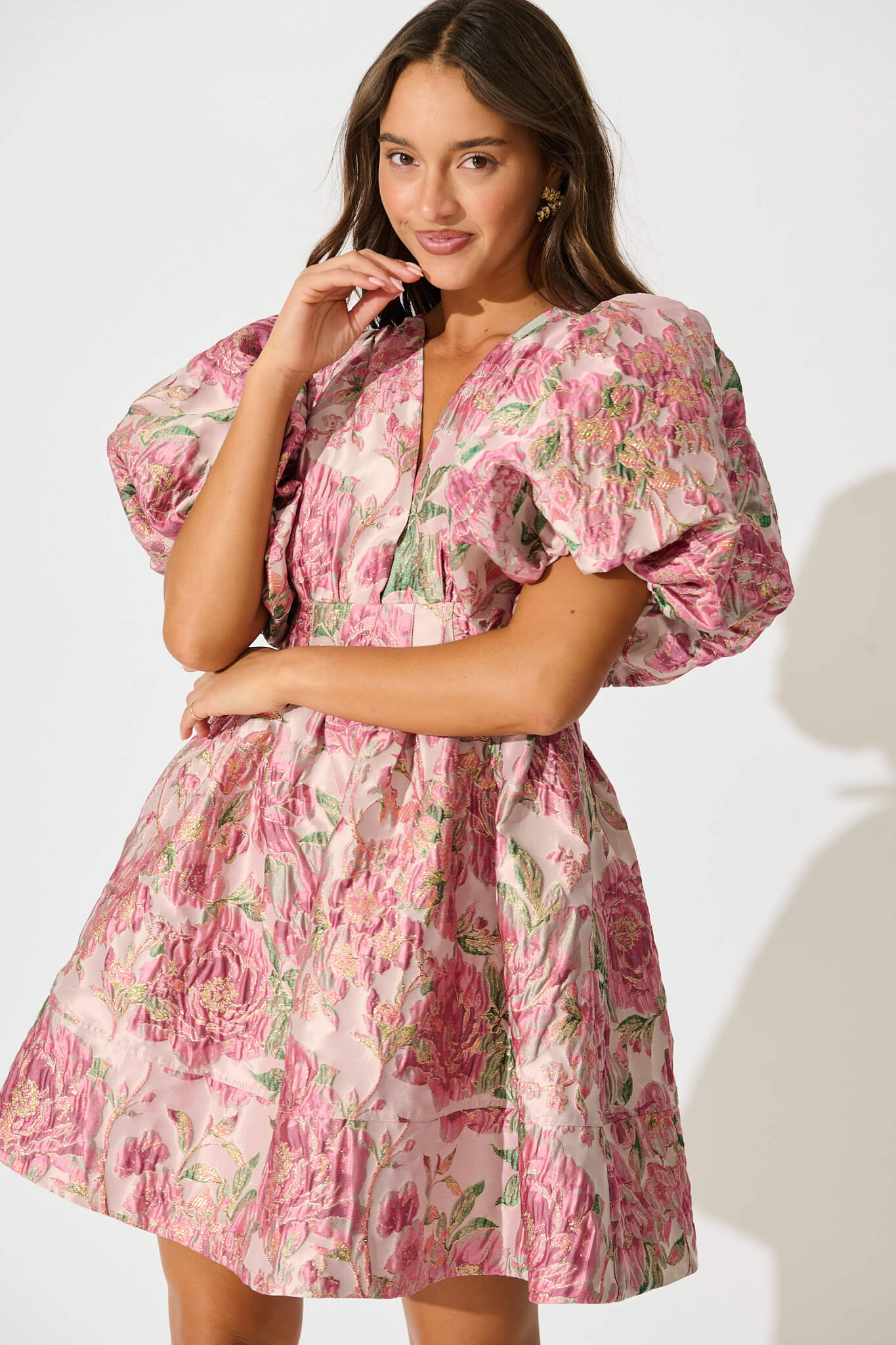 Paris Dreamer Dress in Dusty Pink with Green Jacquard