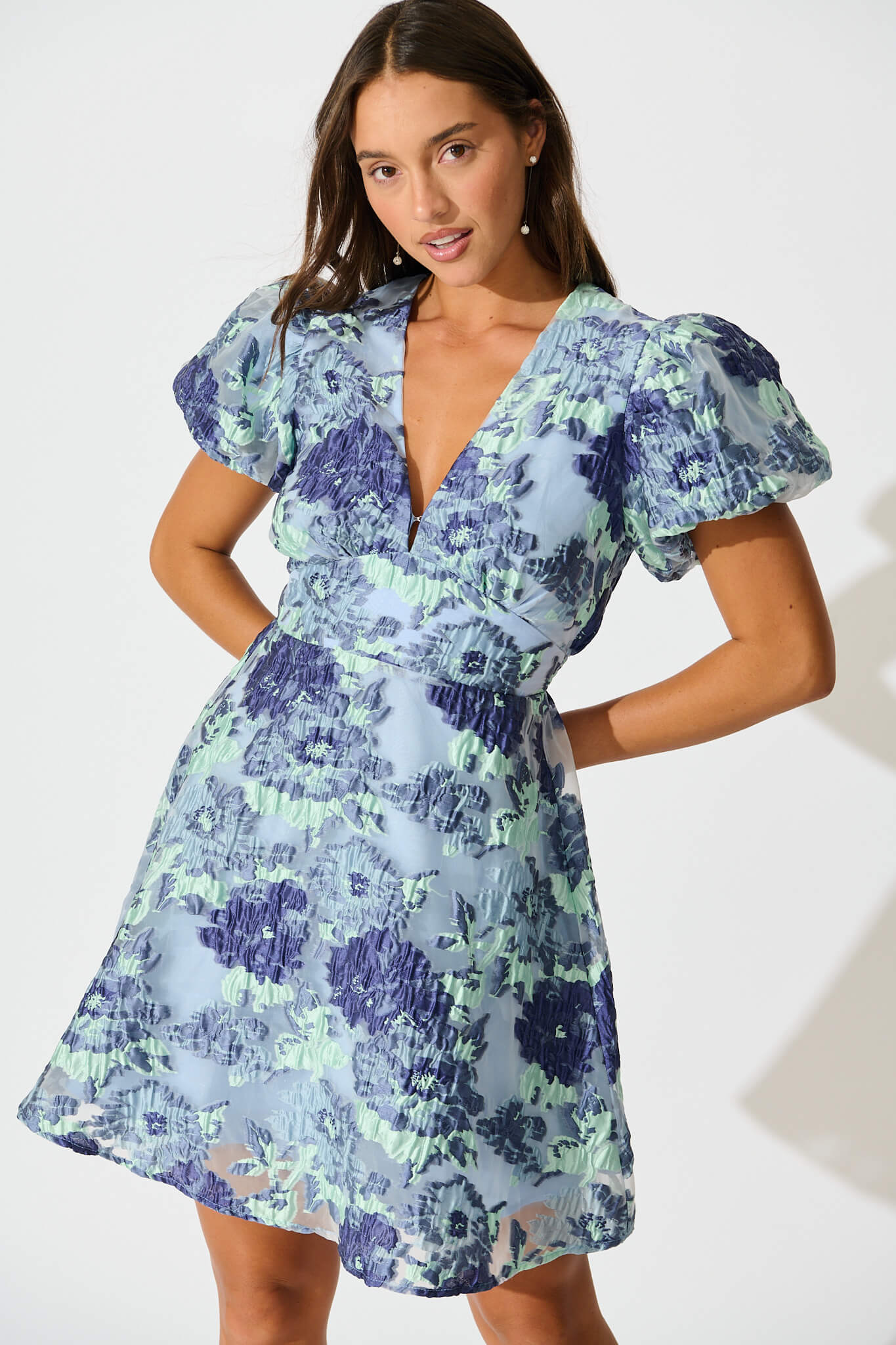 Opulent Dress in Blue Floral Organza Jacquard