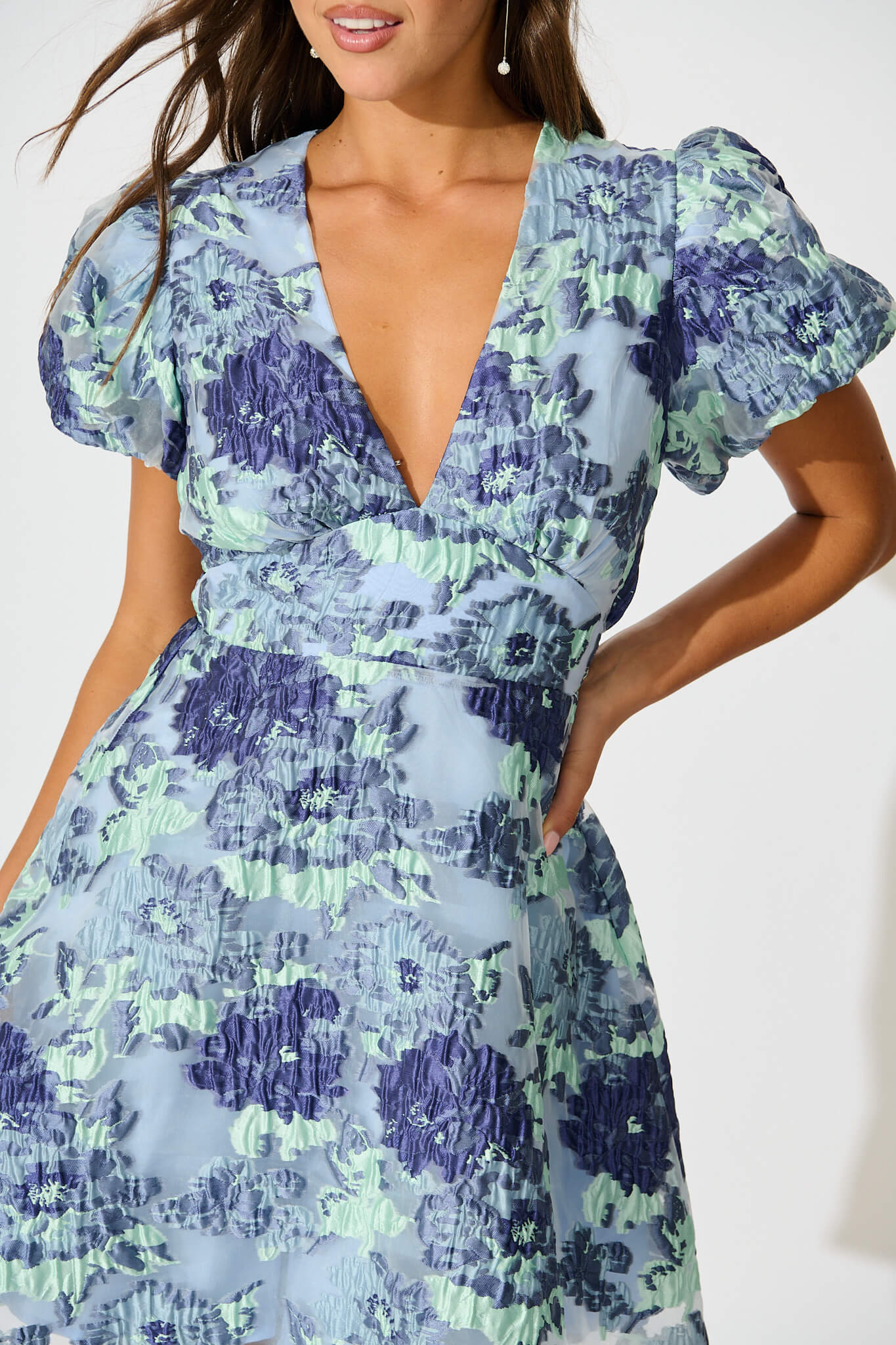 Opulent Dress in Blue Floral Organza Jacquard