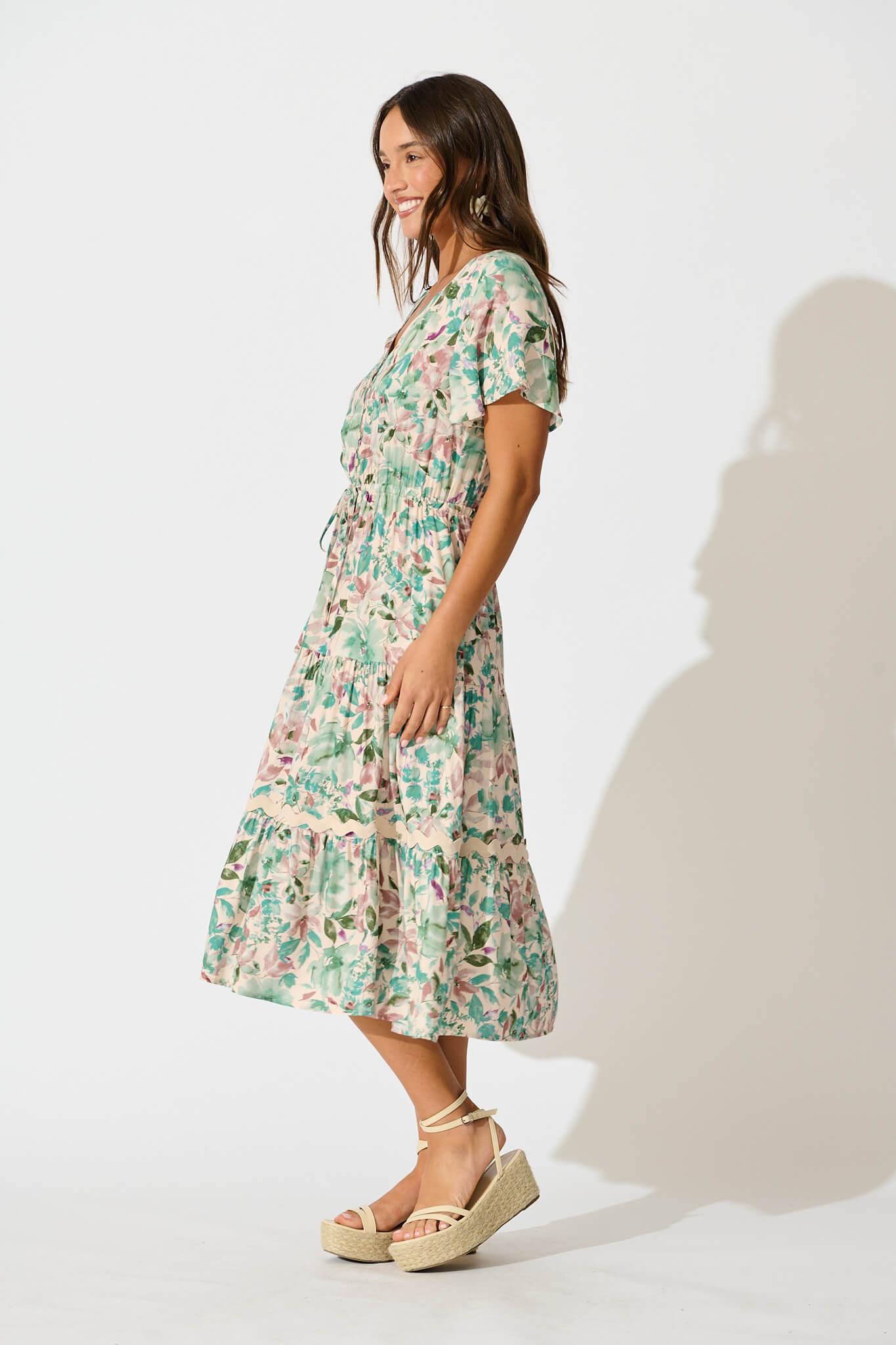 Laconia Midi Dress In White With Teal Floral