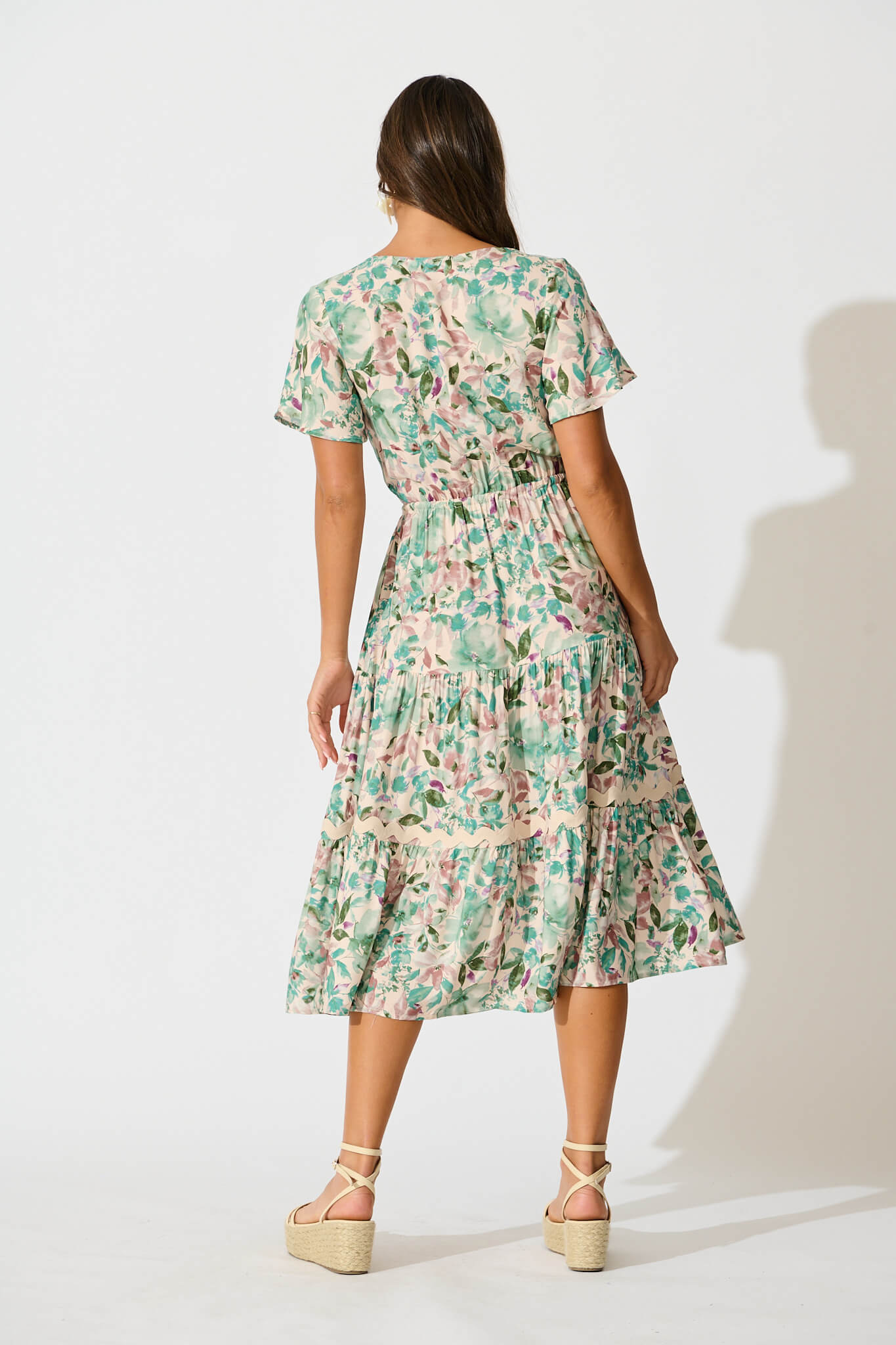 Laconia Midi Dress In White With Teal Floral