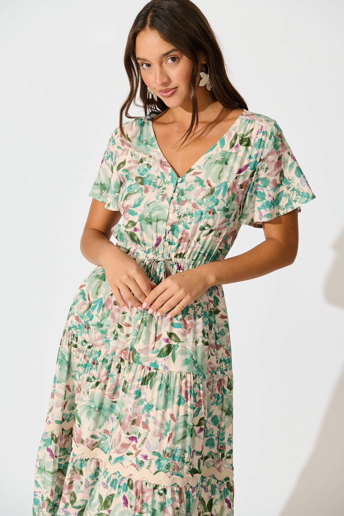 Laconia Midi Dress In White With Teal Floral