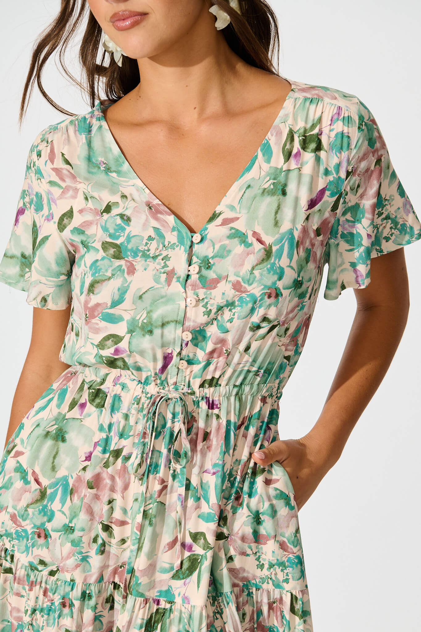 Laconia Midi Dress In White With Teal Floral