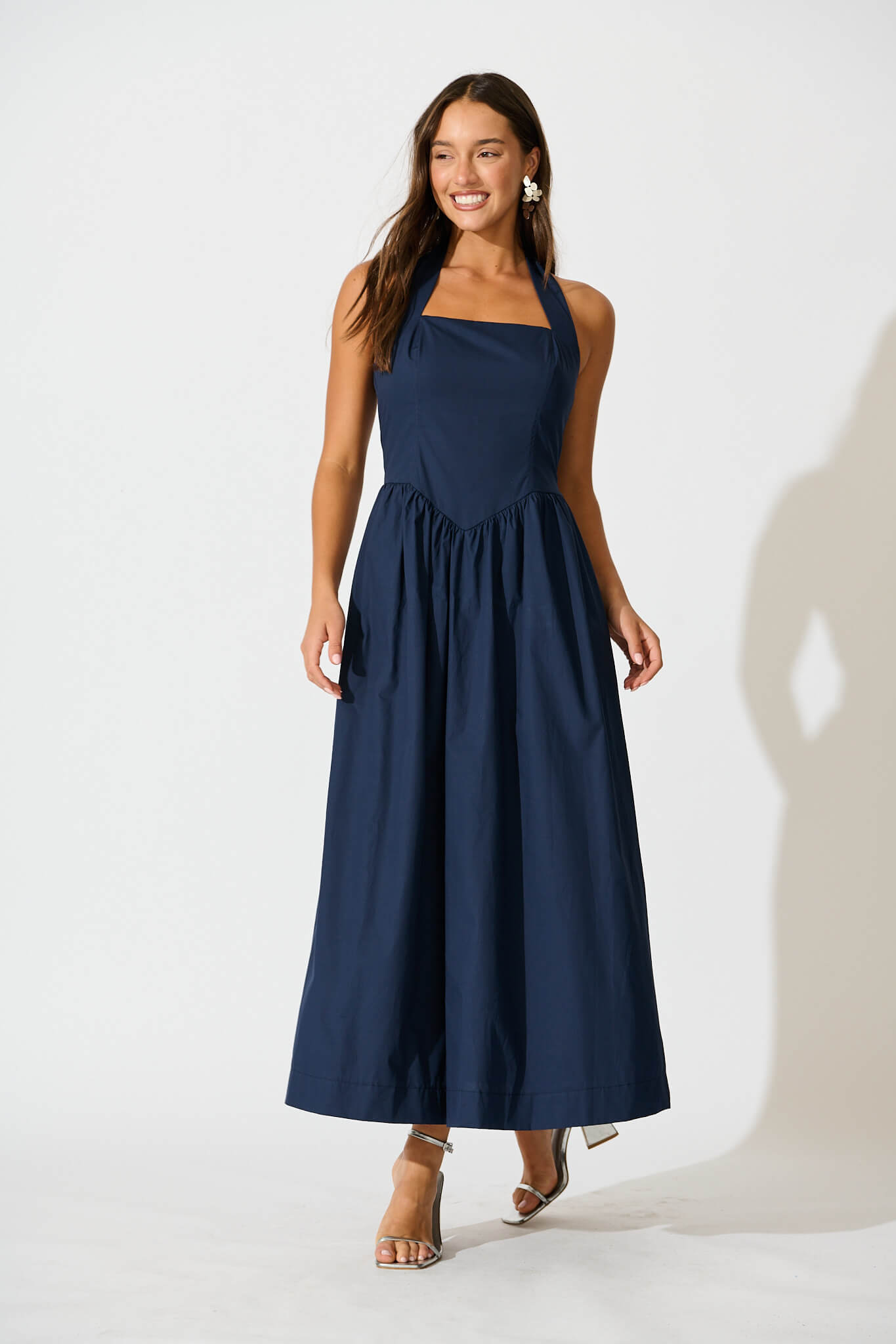 Lanna Halter Neck Maxi Dress in Navy Cotton