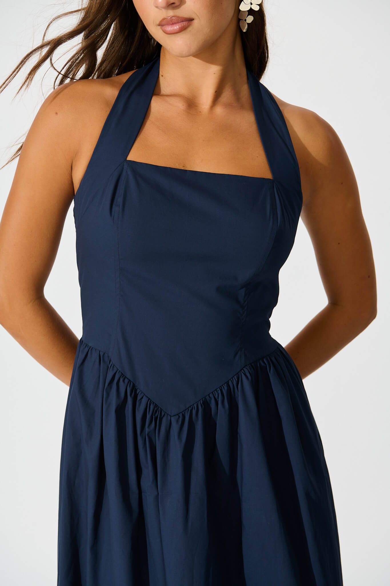 Lanna Halter Neck Maxi Dress in Navy Cotton