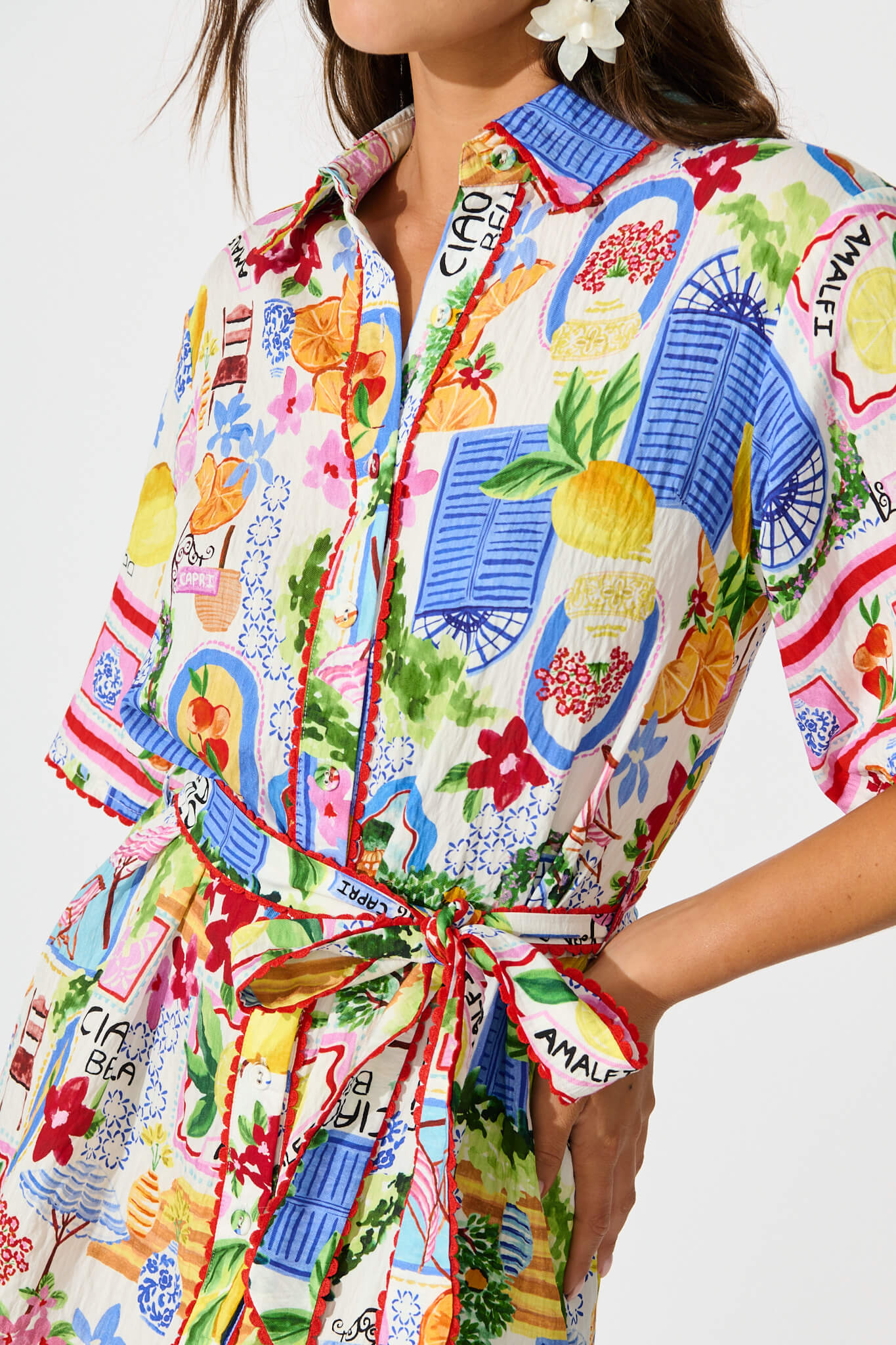 Miela Shirt Dress in White With Multi Print