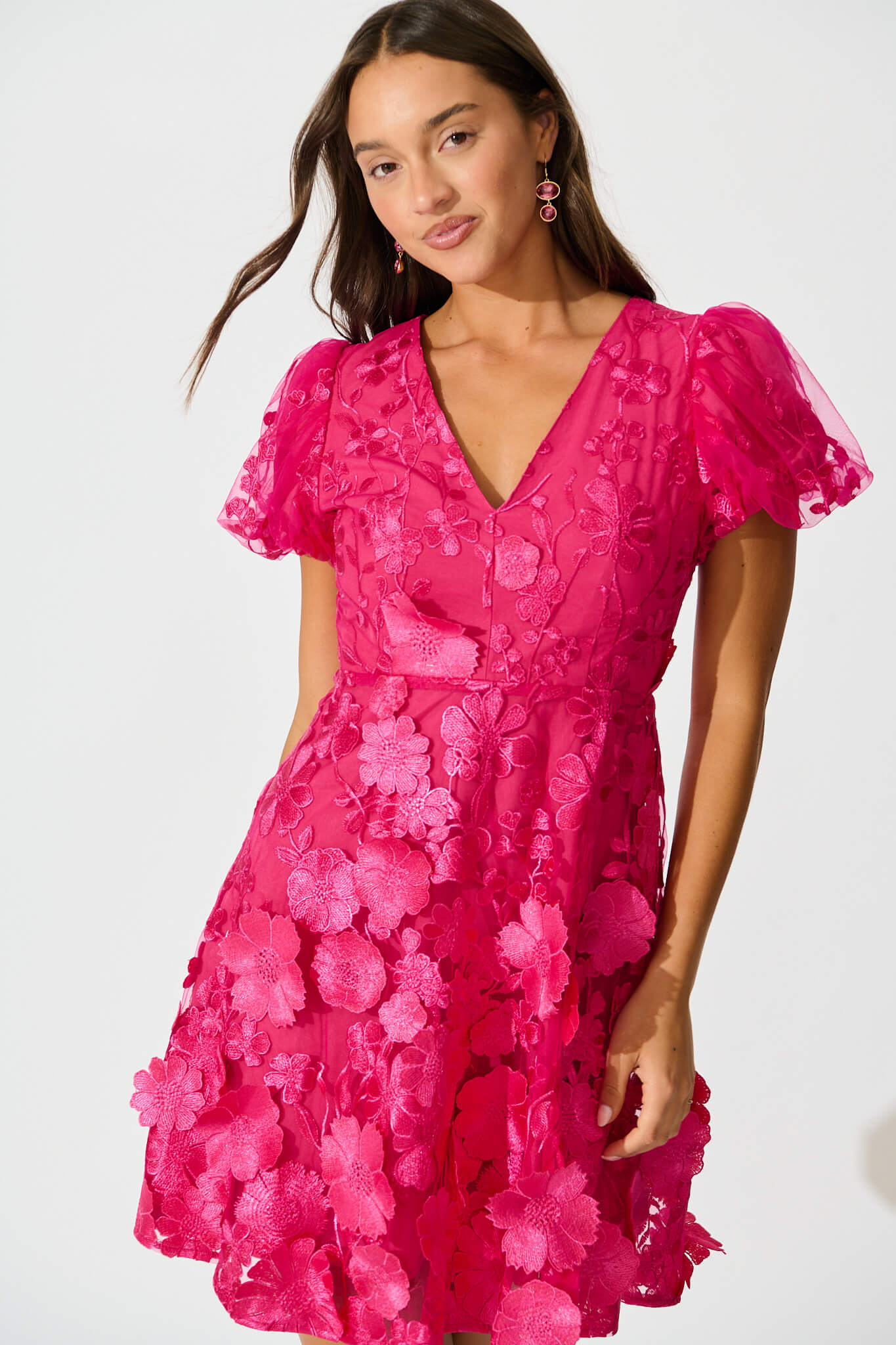 Annalise Dress in Hot Pink Embroidered Tulle