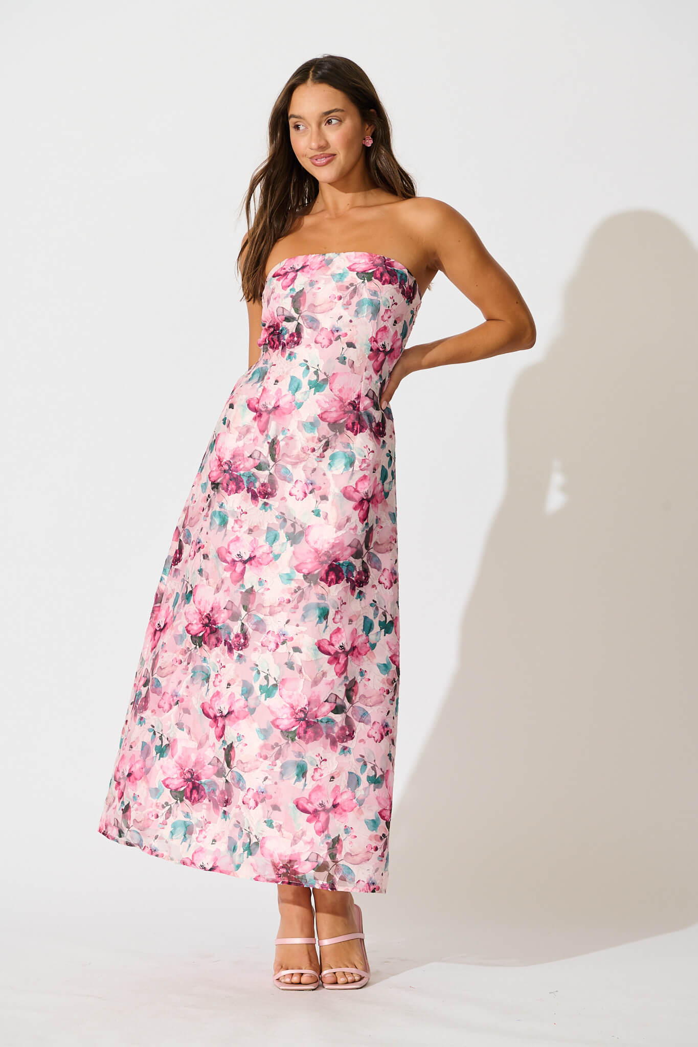 Mon Cherie Maxi Dress in Multi Pink Floral Organza