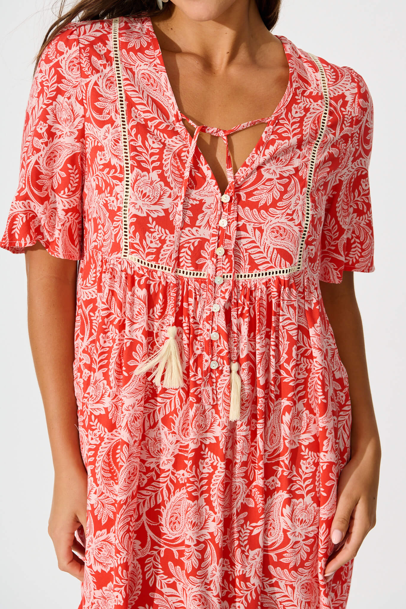 Shake It Out Smock Dress in Red with White Paisley
