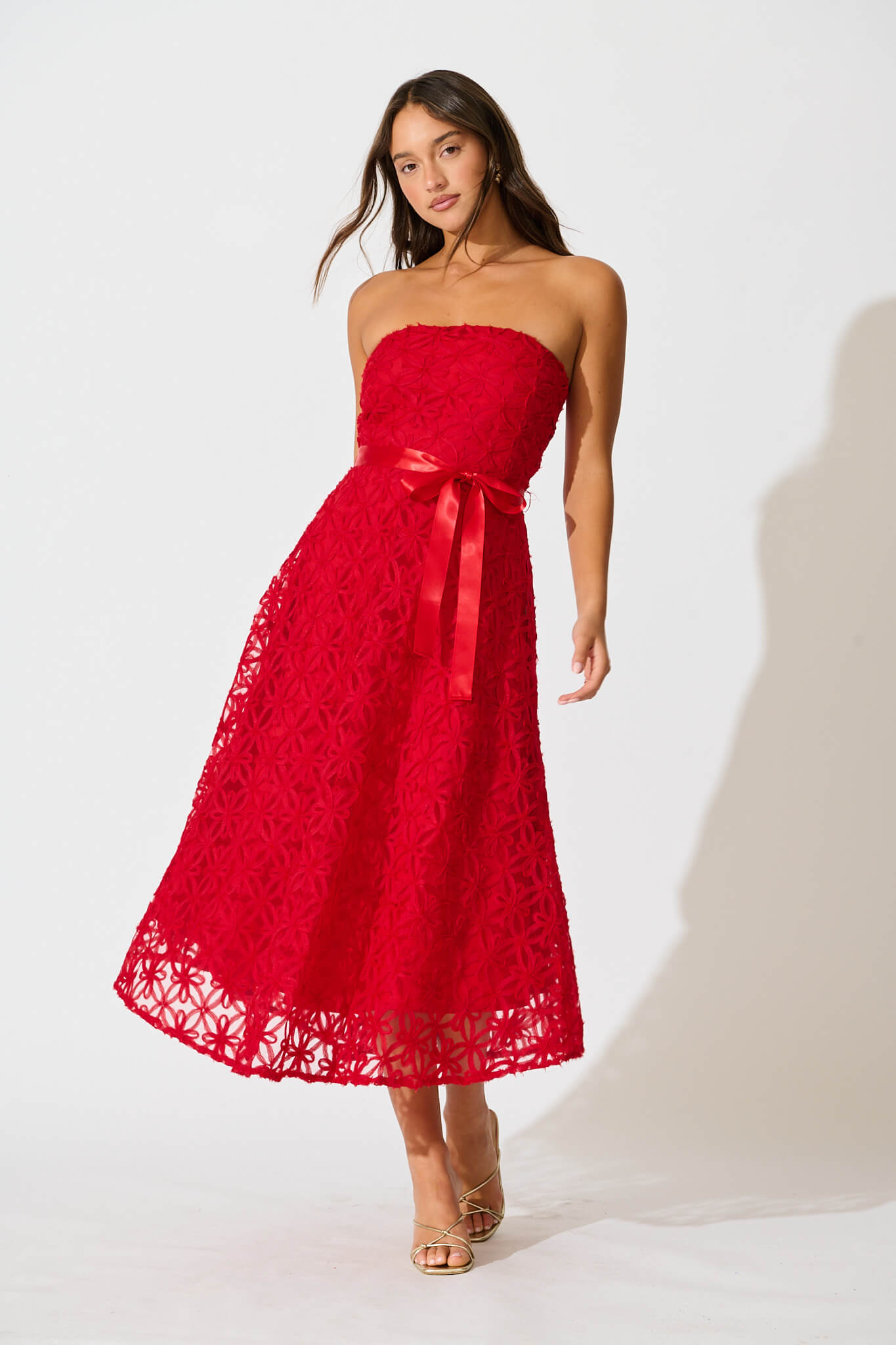 Sia Midi Dress in Red Floral Embroidered Tulle