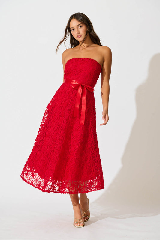 Sia Midi Dress in Red Floral Embroidered Tulle