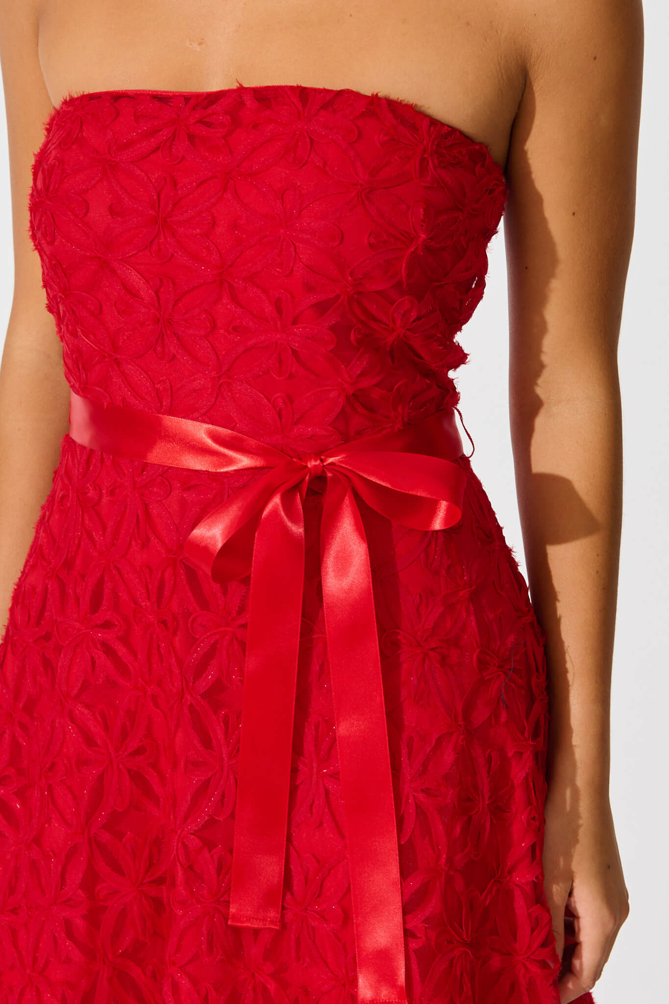 Sia Midi Dress in Red Floral Embroidered Tulle