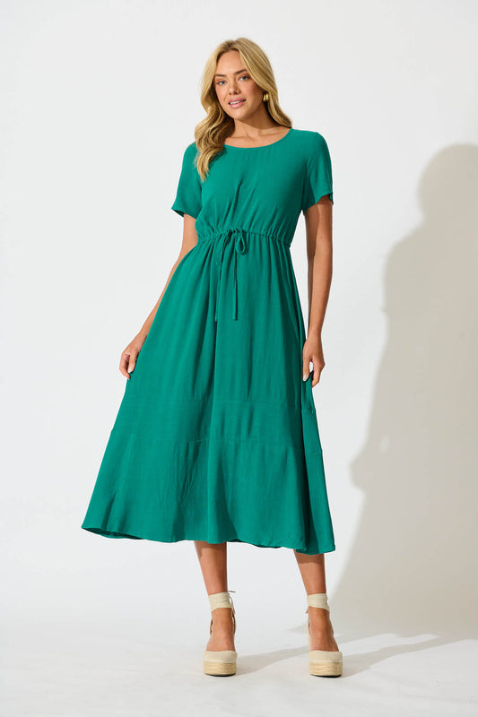 Mary Midi Dress In Teal Linen Blend