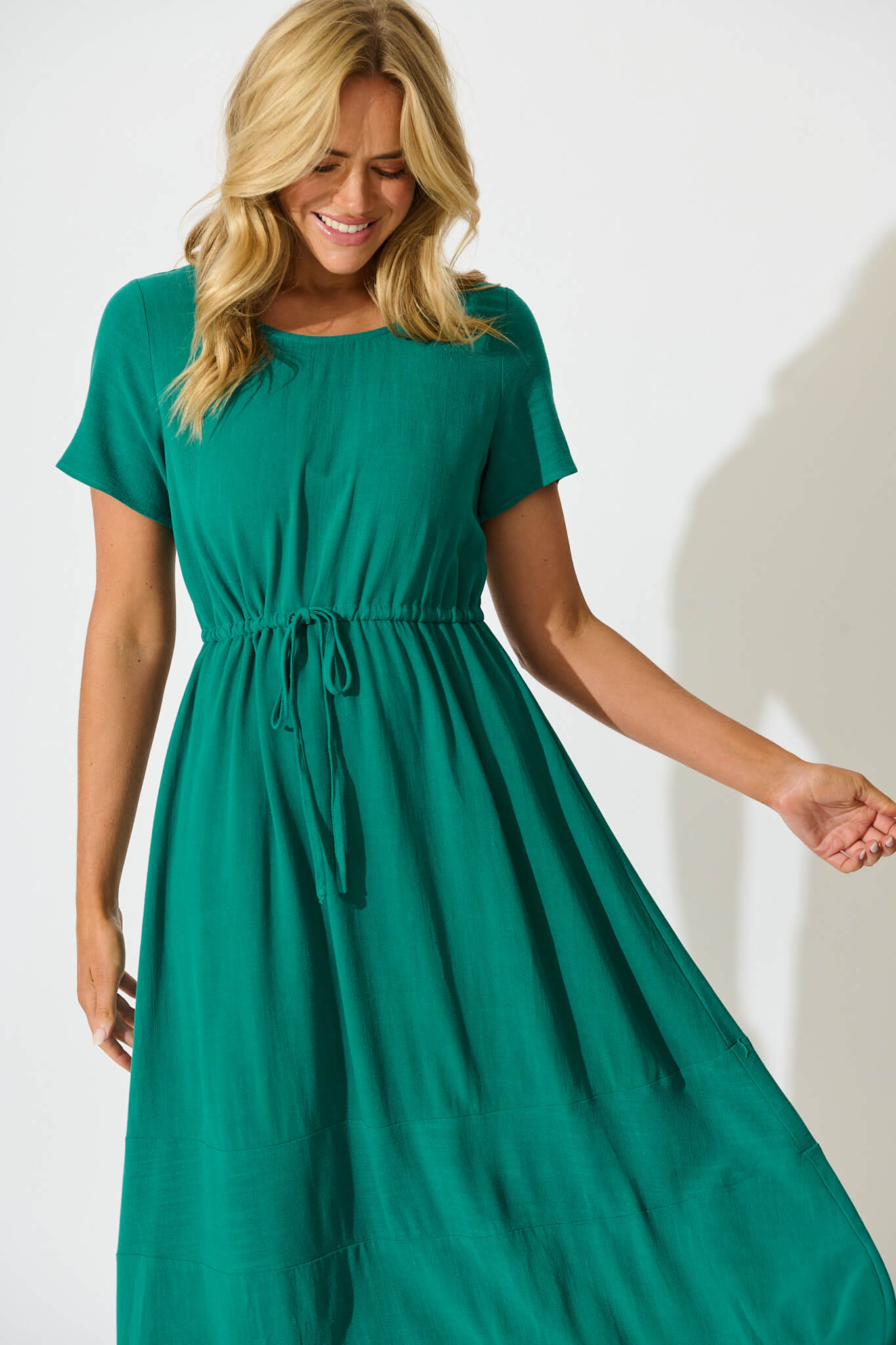 Mary Midi Dress In Teal Linen Blend
