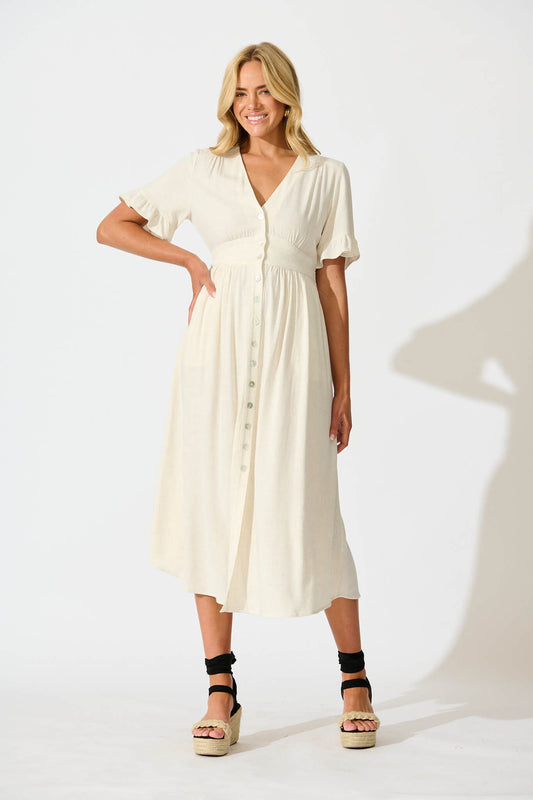 Daysia Midi Dress in Oatmeal Linen Blend